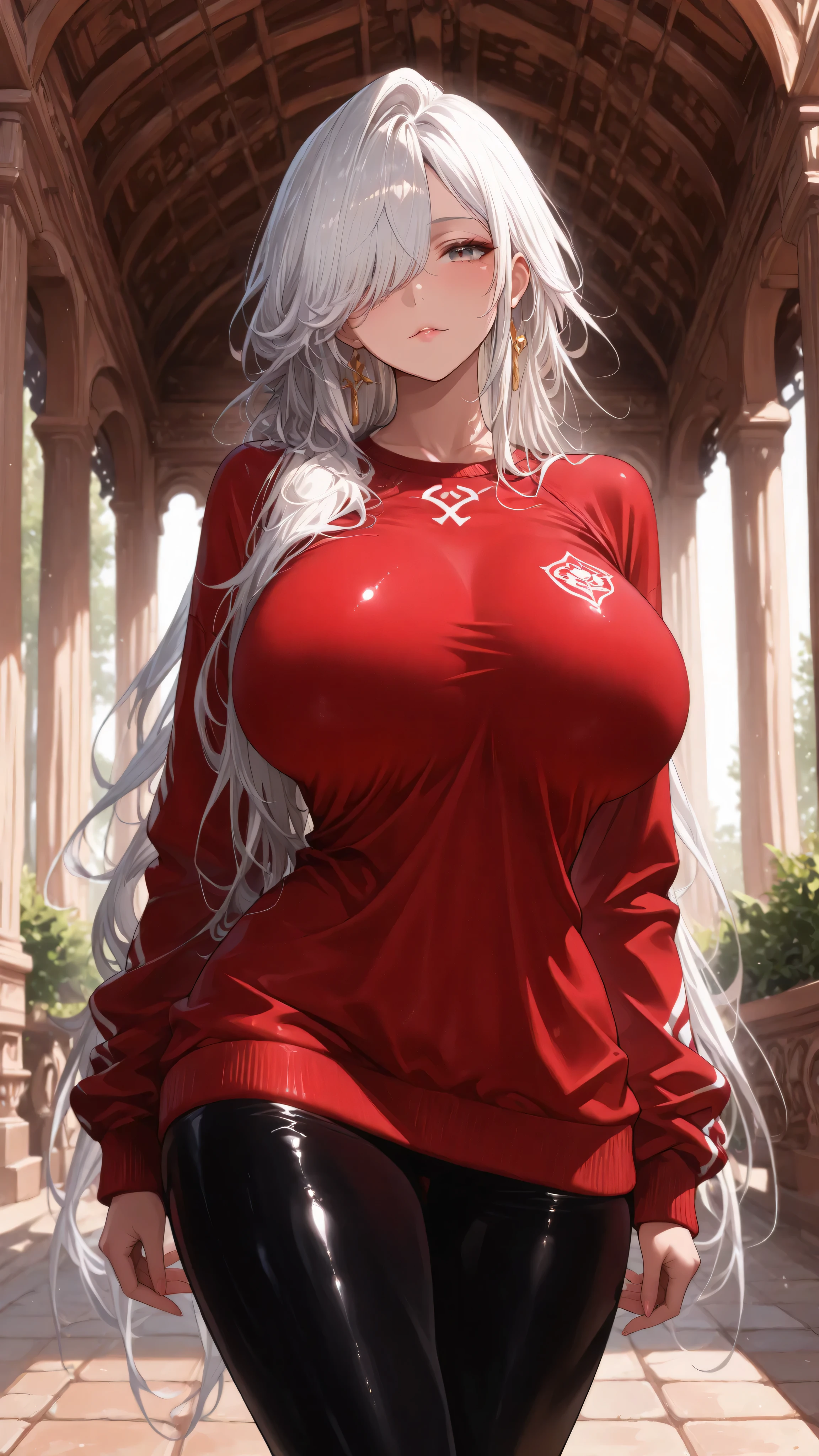 (masterpiece, detailed:1.5),masterpiece, check_9, check_8_higher, check_7, check_6, Source _ animated, 1mature_ female, only 1 woman , shiny white hair , extra long hair , hair above one eye , Belo Blanca, , the ideal body, , perfect anatomy, perfect legs , perfect posture, in the courtyard in a gazebo, dressed in leggings and a sports sweater, Semi-realism, impressive, impressive,(sexy:1.2), (huge saggy breast:1.2)