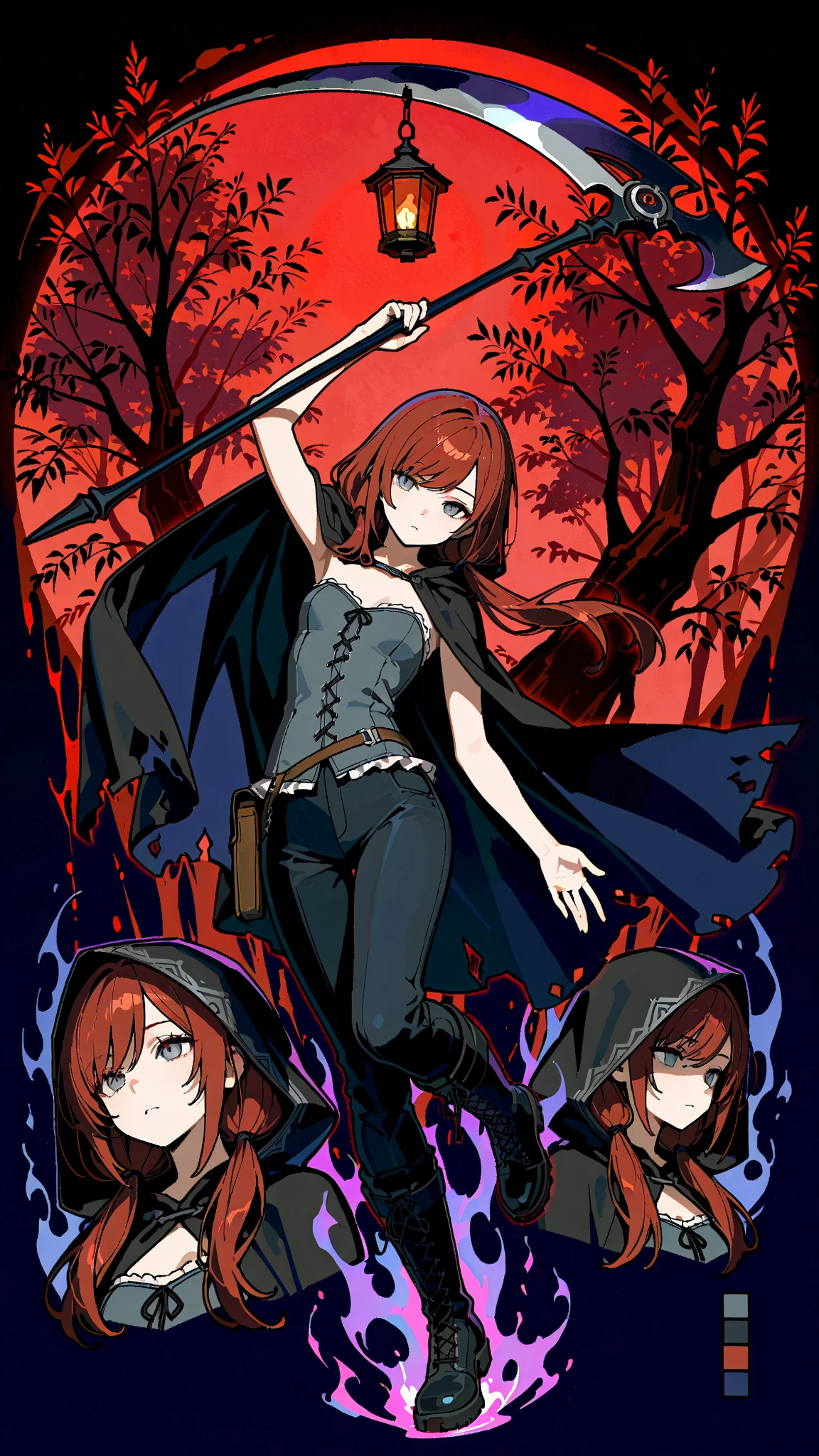(masterpiece:1.2, Best Quality), (finely detailed beautiful eye: 1.2), (beautiful detailed face, good_hands),  expressionless, different poses, lifeless eyes, tired, upper body, portrait, action pose, holding scythe, black scythe, scythe with dark purple edge, dynamic angle, dark red hair,swept bangs, low twin tails, gray eyes, strapless gray shirt, white frill trim, black trousers, black combat boots, tattered black cloak, willow tree branches, dark background, lantern, small , thin, (color guide:1.2), (multiple views), (full body), dynamic pose,dramatic composition with ink splatter effects, manga style with explosive effect,dramatic lighting, dark purple splash effect,