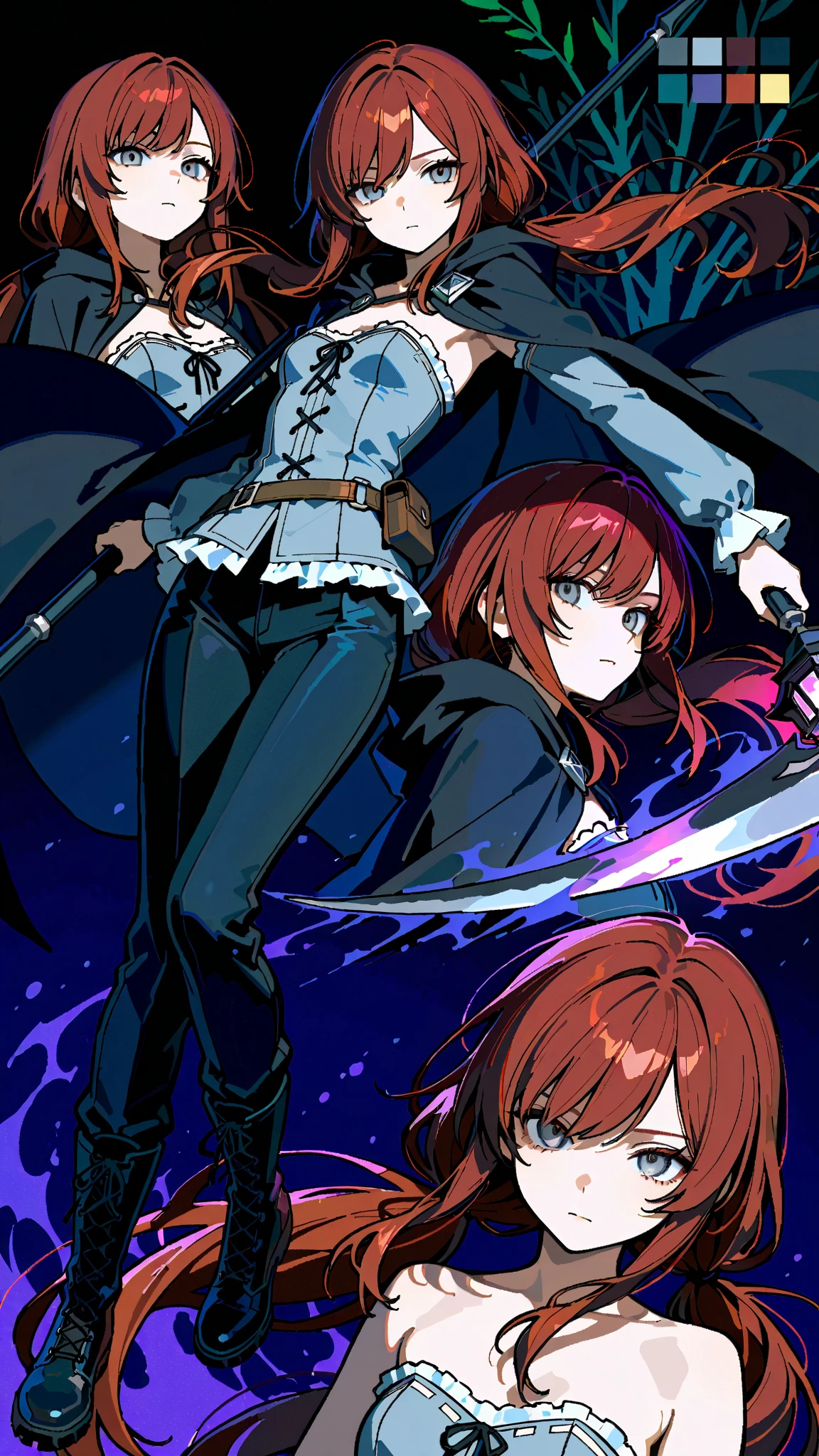 (masterpiece:1.2, Best Quality), (finely detailed beautiful eye: 1.2), (beautiful detailed face, good_hands),  expressionless, different poses, lifeless eyes, tired, upper body, portrait, action pose, holding scythe, black scythe, scythe with dark purple edge, dynamic angle, dark red hair,swept bangs, low twin tails, gray eyes, strapless gray shirt, white frill trim, black trousers, black combat boots, tattered black cloak, willow tree branches, dark background, lantern, small , thin, (color guide:1.2), (multiple views), (full body), dynamic pose,dramatic composition with ink splatter effects, manga style with explosive effect,dramatic lighting, dark purple splash effect,