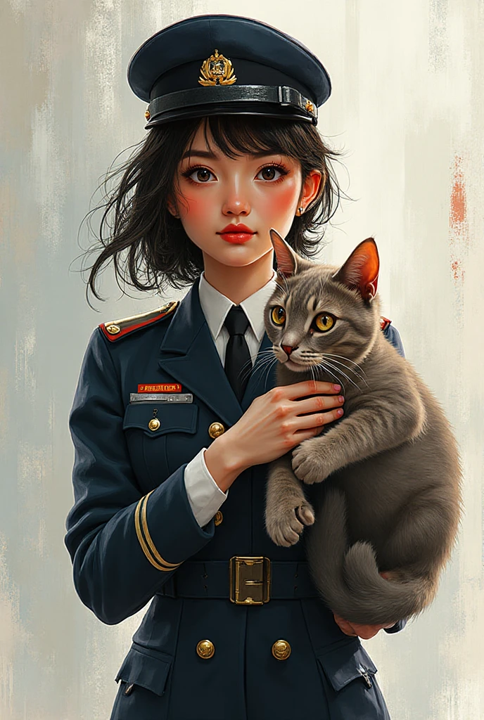 (Best quality:1.2), girl with kitten, in a white, blue and red uniform, smile, looking at the camera, Soviet Union, poster, 