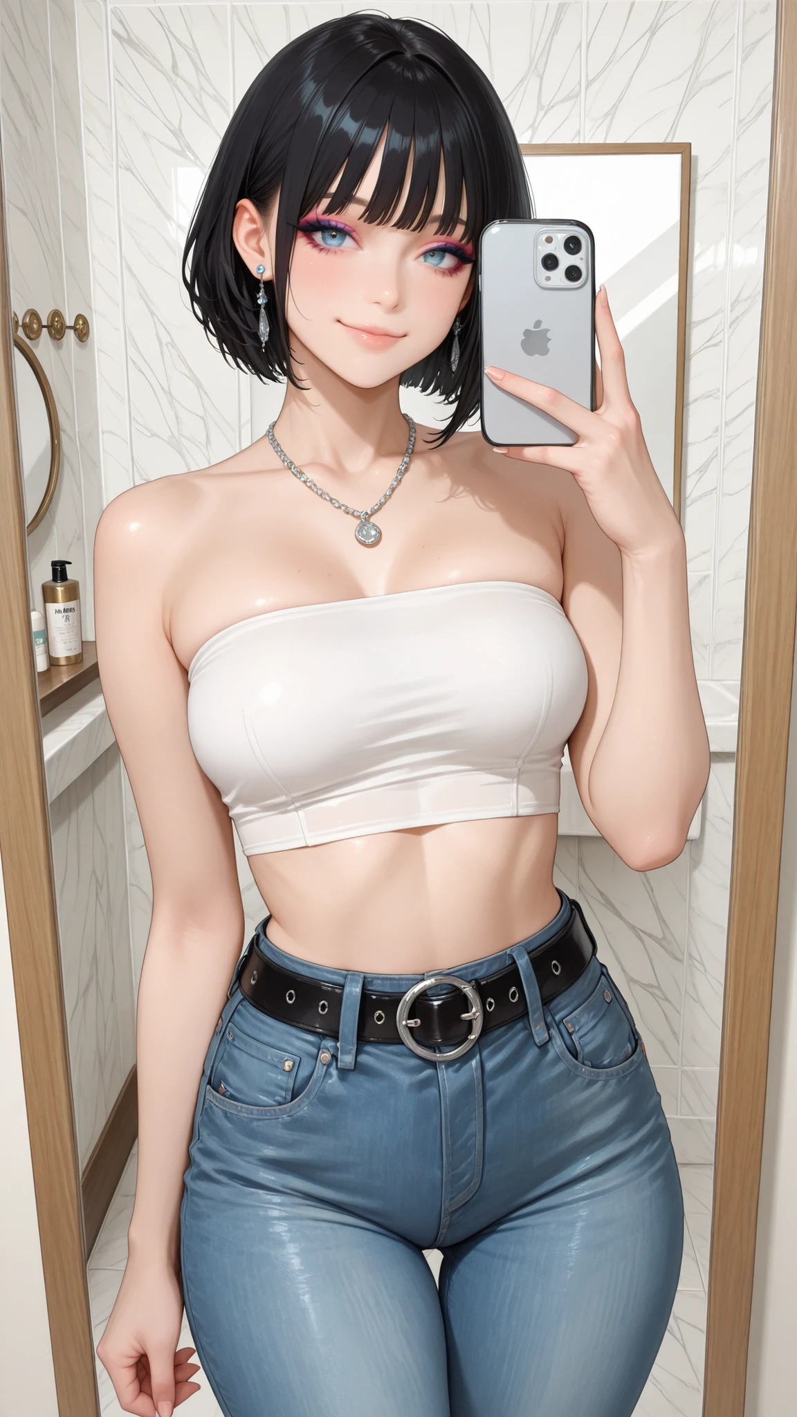 score_10, best quality, amazing quality, hyper-detailed, short hair, black hair, bangs, closed mouth, looking to viewer, makeup, earrings, blue eyes, white tube top, jeans, belt, silver necklace, bath background, smile, iphone mirror selfie, standing,