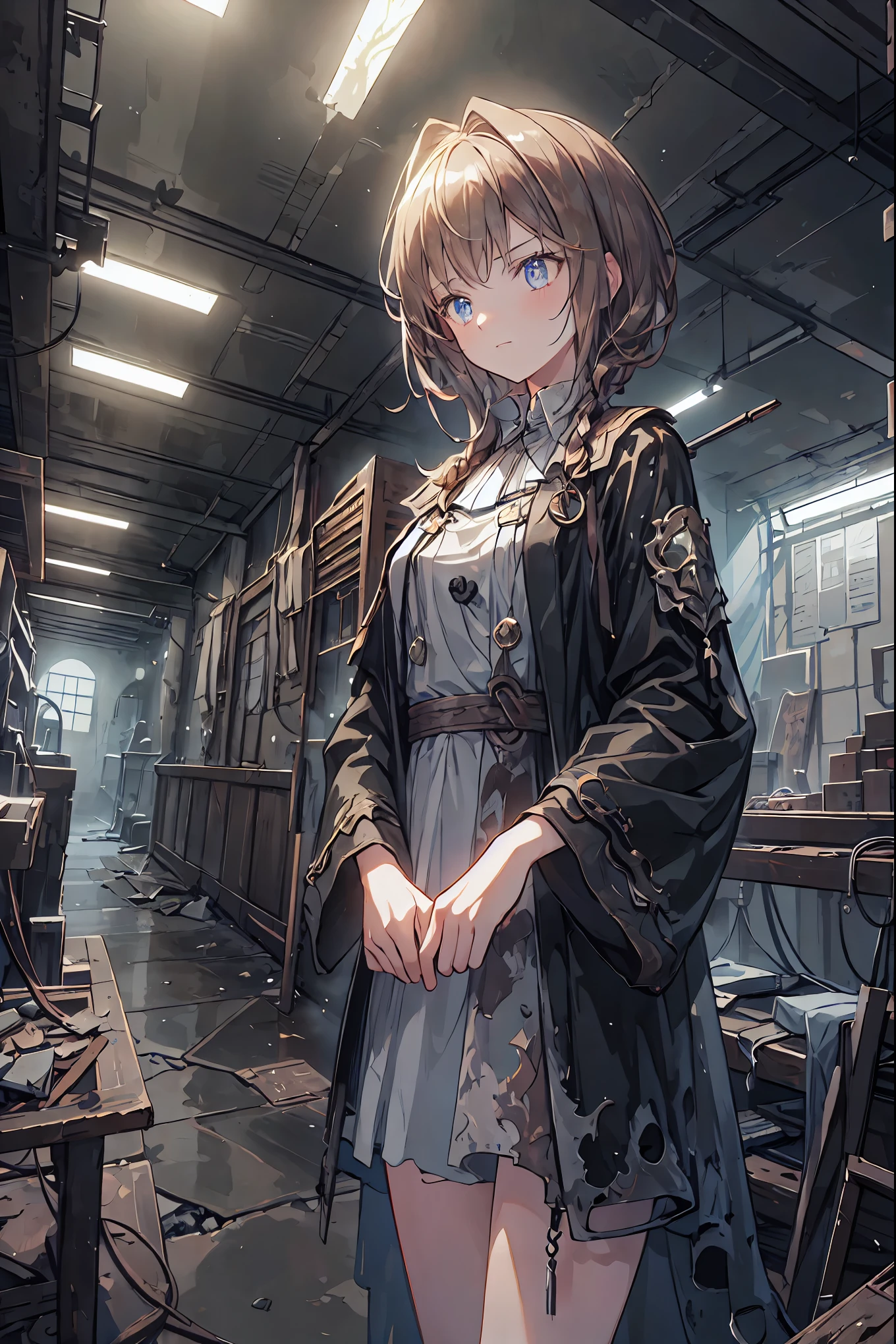 brown hair,Shortcut,unkempt hair,Short braided hair,Neat,slender beauty,correct posture,small breasted,Beautiful legs,enchanting gray-blue eyes shine like stars,Saggy Eyes,bright colors,beautiful eyes,A delicate smile,Textured Skin,best quality,gentle and beautiful woman,anime style、Explore ruins,Stepping Into Decaying Remains and Beyond、巨大なtowerが見える,tower,the roof is peeling,scattered rubble,meteor、空から降り注ぐmeteor、無数のmeteor群,What You See Is a Desolate Interior,dark atmosphere,Abandoned Buildings,slanted wall ,broken glass,Overgrown Plants, doodle,Decayed Furniture ,Traces of a Nostalgic Past, Spooky Shadows , sex,Dusty Floors,Rusted Metal,Desperate Atmosphere,High Ceilings,Cracked Tiles,A Space Where Silence Reigns,Walls That Make You Feel Time,Traces of Lost Time,Mysterious Charm,Realistic,4K hi-res,Extreme precision,Professional Illustration,REALISTIC TEXTURE,Battle for Survival,Dark Fantasy,Cinematic Lighting