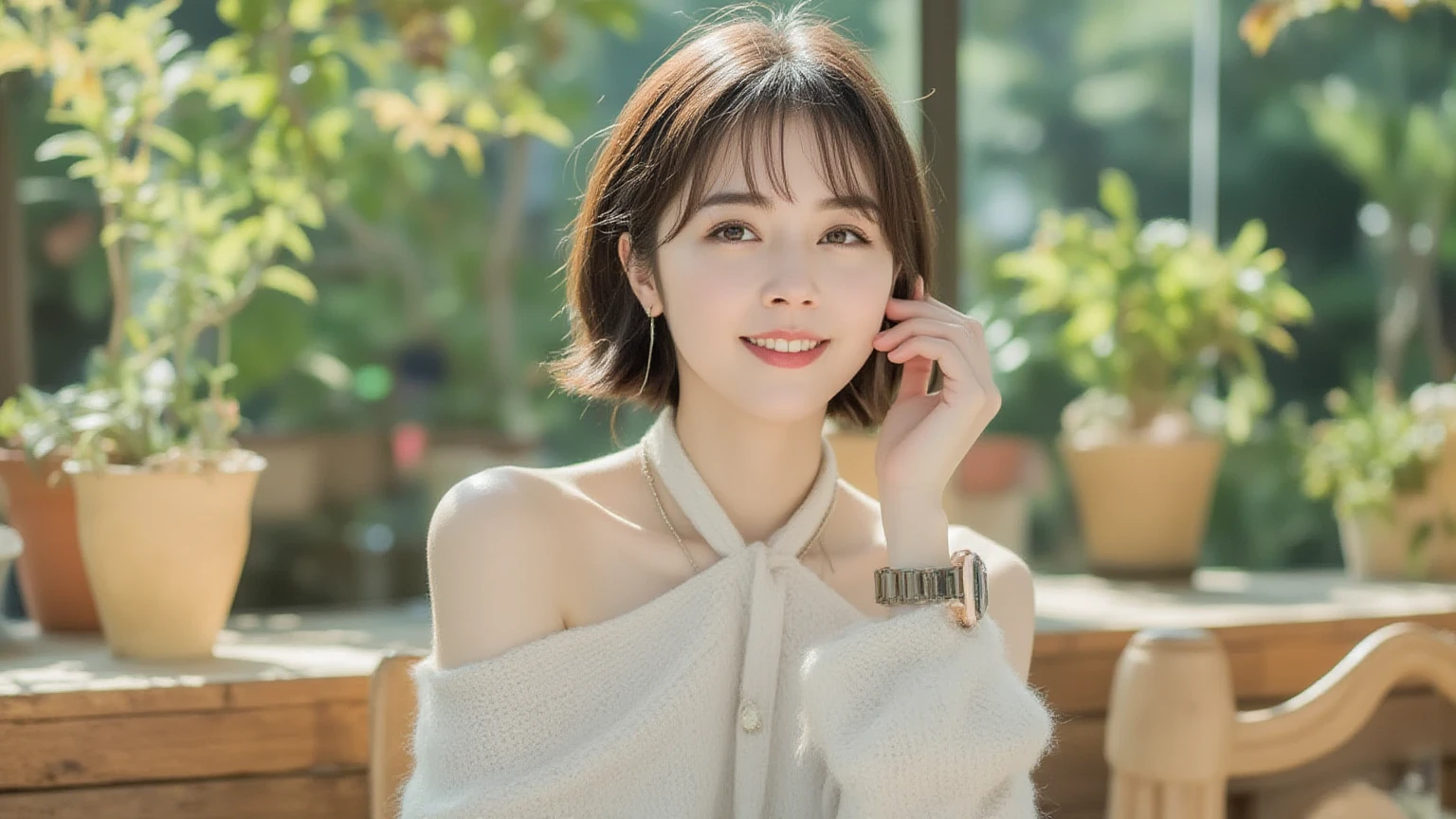 ((masterpiece)), ((best quality)), (ultra-detailed), ((kawaii)), cute, (lovely), ((extremely detailed)), 4K, (8K), best quality, (beautiful), illustration, dignified, (portrait:1.3), a cute girl, 1girl, Japanese, solo, (tan skin:1.3), off-shoulder shirt, short shorts, (park), (beautiful black hair), short bob cut, hair blowing in wind, beautiful blue eyes, ((beautiful eyes)), lip, necklace, laughing, blush, shiny, 