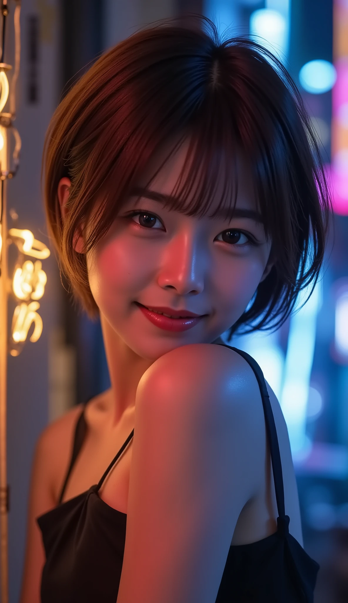 (8k), (Best Quality), RAW photo, (photo realistic:1.4), Highly Detailed, Portrait of a very beautiful Japanese girl, (very thin), beautiful pixie cut hair, is wearing a black dress, ((Beautiful neon diffuse reflection)), Portrait of a very beautiful Japanese girl with light reflected on wet skin and clothes,using the magic of light in a dark forest, Strong Contrast of Light, vivid colors, Hard Lighting, UHD, 