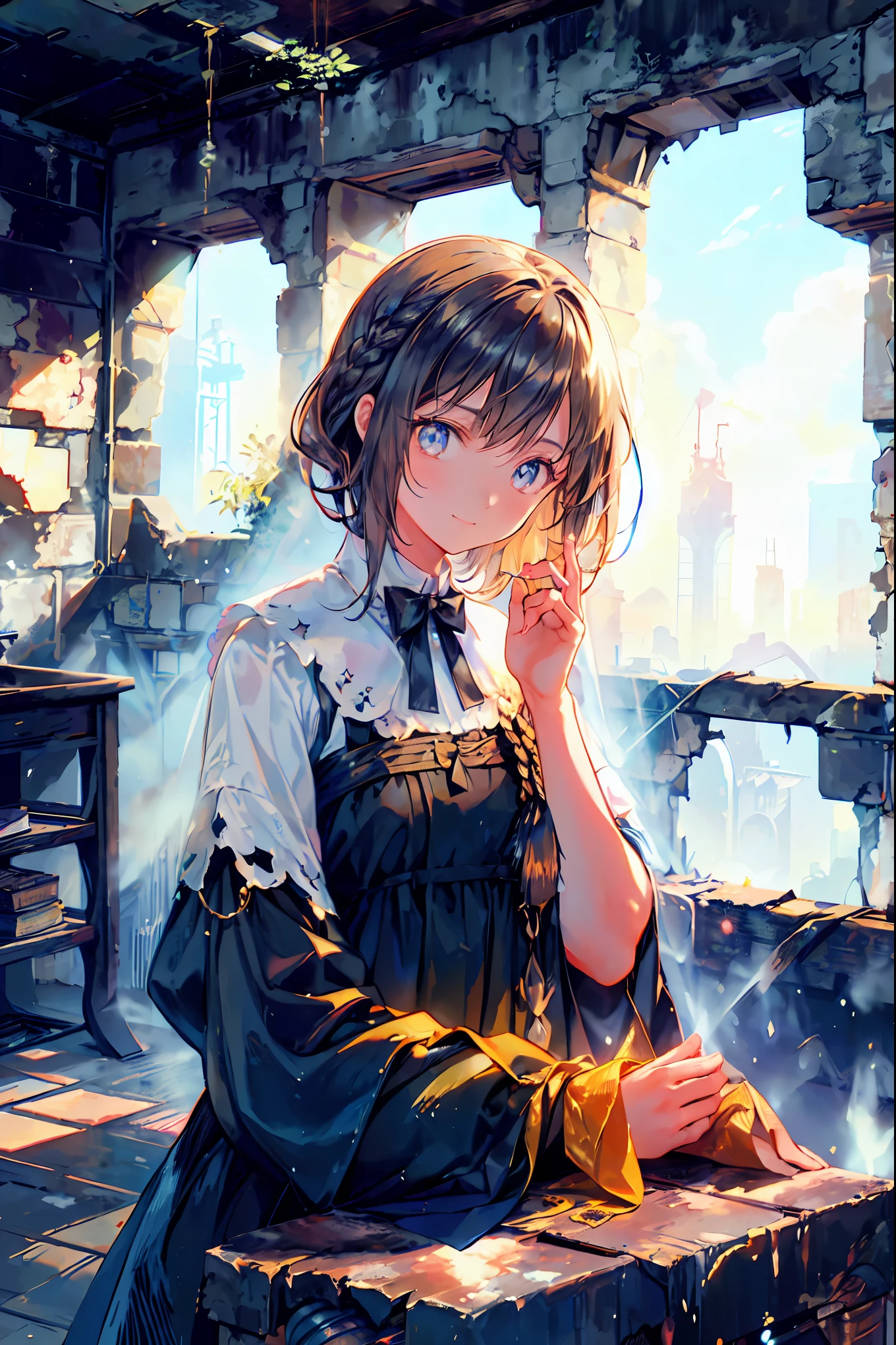 brown hair,Shortcut,unkempt hair,Short braided hair,Neat,slender beauty,correct posture,small breasted,Beautiful legs,enchanting gray-blue eyes shine like stars,Saggy Eyes,bright colors,beautiful eyes,A delicate smile,Textured Skin,best quality,gentle and beautiful woman,anime style、Explore ruins,Stepping Into Decaying Remains and Beyond、巨大なtowerが見える,tower,the roof is peeling,scattered rubble,meteor、空から降り注ぐmeteor、無数のmeteor群,What You See Is a Desolate Interior,dark atmosphere,Abandoned Buildings,slanted wall ,broken glass,Overgrown Plants, doodle,Decayed Furniture ,Traces of a Nostalgic Past, Spooky Shadows , sex,Dusty Floors,Rusted Metal,Desperate Atmosphere,High Ceilings,Cracked Tiles,A Space Where Silence Reigns,Walls That Make You Feel Time,Traces of Lost Time,Mysterious Charm,Realistic,4K hi-res,Extreme precision,Professional Illustration,REALISTIC TEXTURE,Battle for Survival,Dark Fantasy,Cinematic Lighting