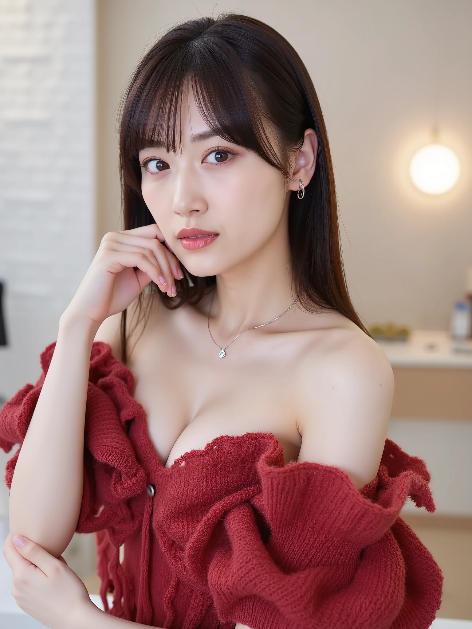 A Girl , alone, long black hair , Beautiful detailed eye area, Balanced Face , Large off-the-shoulder red knit sweater with loose chest ,牛仔短褲, Hotel room in shower , perfect hand、Very shy、necklace、 Earrings,(beautiful breasts :1.8),(beautiful cleavage :2.5),(nude:3.5),(No underwear:3.5),(Not wearing bra:3.5),(Look at me and smile:1.2),(極瘦修長身材:1.1),(骨感身材:1.1),(細腰 :1.1),(手臂很細:1.1),修長美腿,color temperature 5500K,with white tones