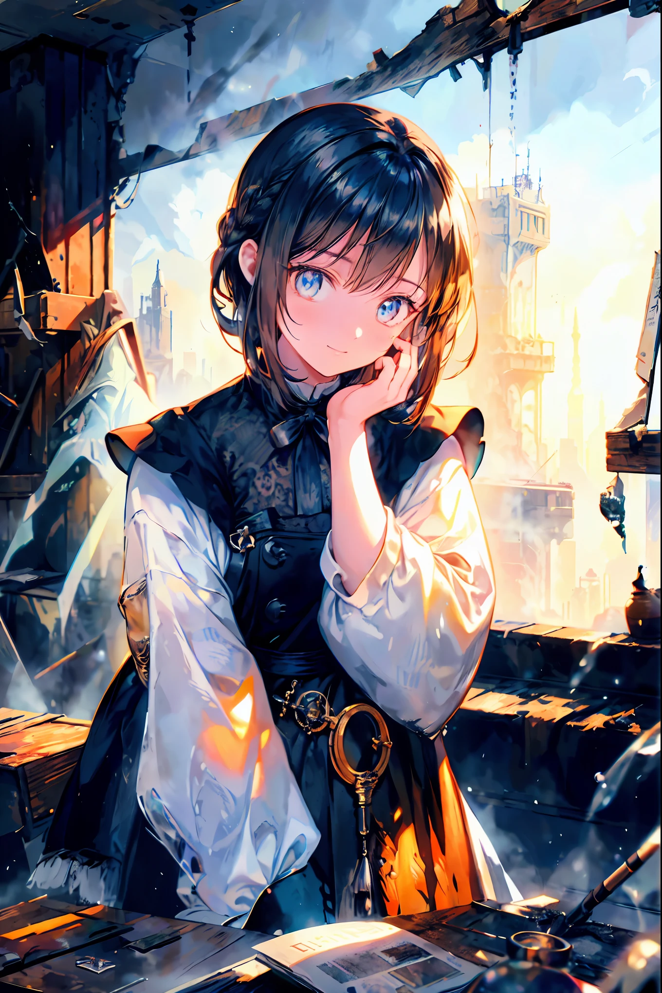 brown hair,Shortcut,unkempt hair,Short braided hair,Neat,slender beauty,correct posture,small breasted,Beautiful legs,enchanting gray-blue eyes shine like stars,Saggy Eyes,bright colors,beautiful eyes,A delicate smile,Textured Skin,best quality,gentle and beautiful woman,anime style、Explore ruins,Stepping Into Decaying Remains and Beyond、巨大なtowerが見える,tower,the roof is peeling,Rubble scattered around decayed books,meteor、空から降り注ぐmeteor、無数のmeteor群,What You See Is a Desolate Interior,dark atmosphere,Abandoned Buildings,slanted wall ,broken glass,Overgrown Plants, doodle,Decayed Furniture ,Traces of a Nostalgic Past, Spooky Shadows , sex,Dusty Floors,Rusted Metal,Desperate Atmosphere,High Ceilings,Cracked Tiles,A Space Where Silence Reigns,Walls That Make You Feel Time,Traces of Lost Time,Mysterious Charm,Realistic,4K hi-res,Extreme precision,Professional Illustration,REALISTIC TEXTURE,Battle for Survival,Dark Fantasy,Cinematic Lighting