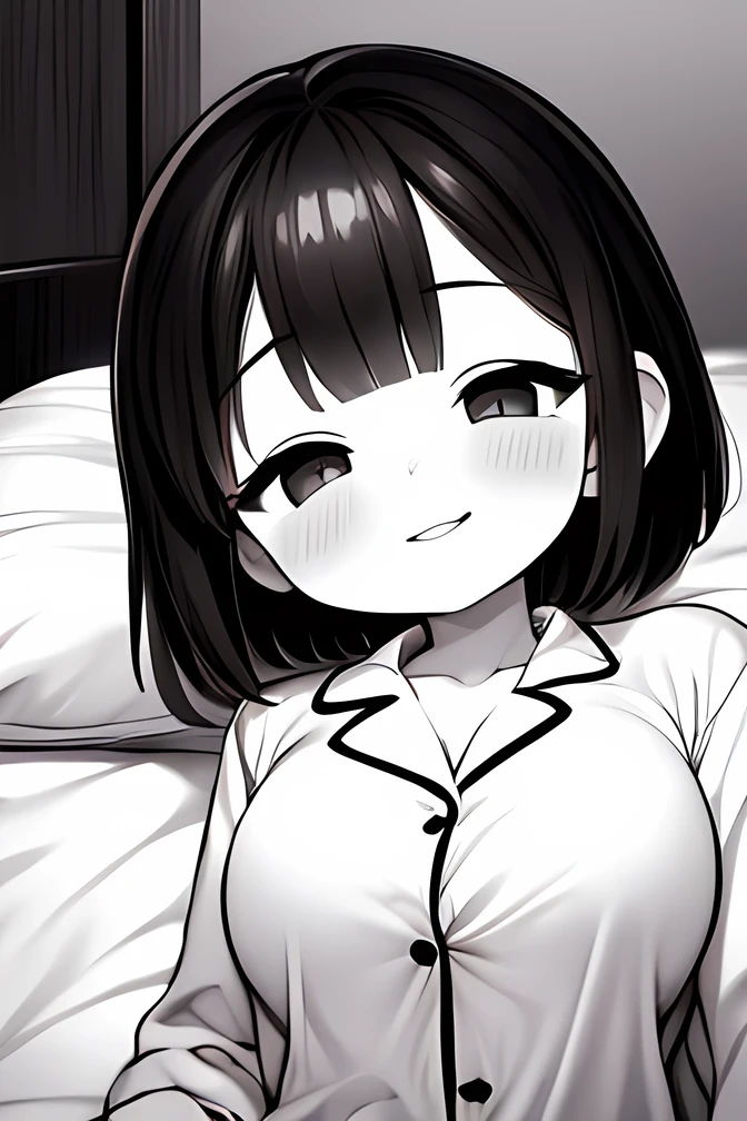 ((( Line art ))),((( monochrome:1.2))),ideal ratio body proportions,1girl,(iris ), Dark Eyes ,( small eyes ),(Slanted Eyes) ,(half closed eyes),((black hair))),( short bob hair ),bangs ,(cute lips),((big breasts)),(disproportionate breasts),((short stature)),(cute pajamas ),((smile)),(((lying:1.2))),indoor,bedroom ,(((on the bed ))),(((upper body))),(((girl focus))),face close up,