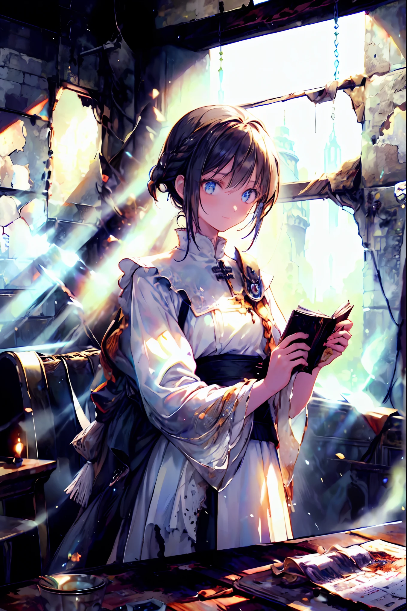 brown hair,Shortcut,unkempt hair,Short braided hair,Neat,slender beauty,correct posture,small breasted,Beautiful legs,Her enchanting gray-blue eyes with decayed books shine like stars,Saggy Eyes,bright colors,beautiful eyes,A delicate smile,Textured Skin,best quality,gentle and beautiful woman,anime style、Explore ruins,Stepping Into Decaying Remains and Beyond、巨大なtowerが見える,tower,the roof is peeling,Holding a decayed book,scattered rubble,meteor、空から降り注ぐmeteor、無数のmeteor群,What You See Is a Desolate Interior,dark atmosphere,Abandoned Buildings,slanted wall ,broken glass,Overgrown Plants, doodle,Decayed Furniture ,Traces of a Nostalgic Past, Spooky Shadows , sex,Dusty Floors,Rusted Metal,Desperate Atmosphere,High Ceilings,Cracked Tiles,A Space Where Silence Reigns,Walls That Make You Feel Time,Traces of Lost Time,Mysterious Charm,Realistic,4K hi-res,Extreme precision,Professional Illustration,REALISTIC TEXTURE,Battle for Survival,Dark Fantasy,Cinematic Lighting