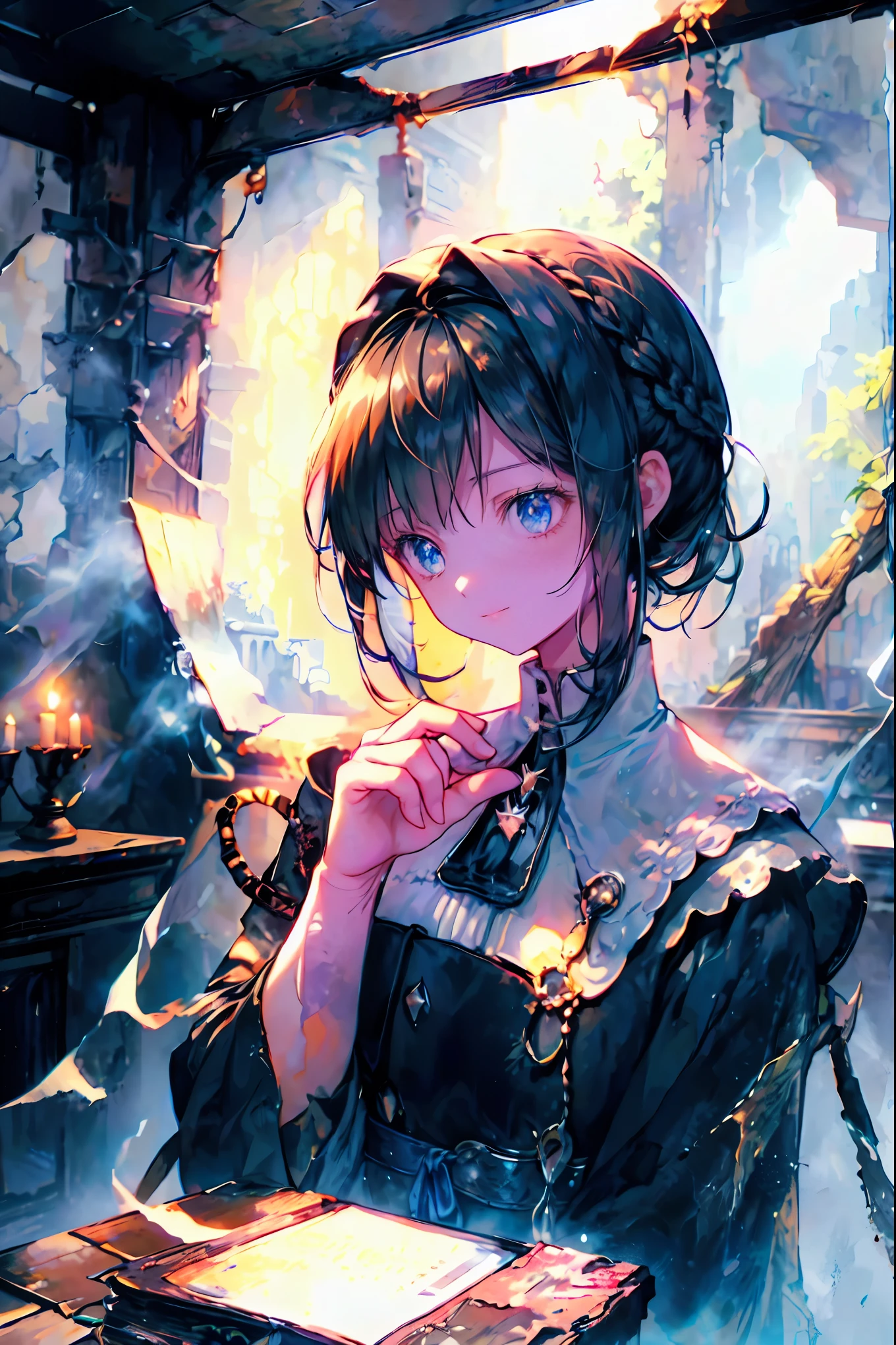 brown hair,Shortcut,unkempt hair,Short braided hair,Neat,slender beauty,correct posture,small breasted,Beautiful legs,Her enchanting gray-blue eyes with decayed books shine like stars,Saggy Eyes,bright colors,beautiful eyes,A delicate smile,Textured Skin,best quality,gentle and beautiful woman,anime style、Explore ruins,Stepping Into Decaying Remains and Beyond、巨大なtowerが見える,tower,the roof is peeling,Holding a decayed book,scattered rubble,meteor、空から降り注ぐmeteor、無数のmeteor群,What You See Is a Desolate Interior,dark atmosphere,Abandoned Buildings,slanted wall ,broken glass,Overgrown Plants, doodle,Decayed Furniture ,Traces of a Nostalgic Past, Spooky Shadows , sex,Dusty Floors,Rusted Metal,Desperate Atmosphere,High Ceilings,Cracked Tiles,A Space Where Silence Reigns,Walls That Make You Feel Time,Traces of Lost Time,Mysterious Charm,Realistic,4K hi-res,Extreme precision,Professional Illustration,REALISTIC TEXTURE,Battle for Survival,Dark Fantasy,Cinematic Lighting