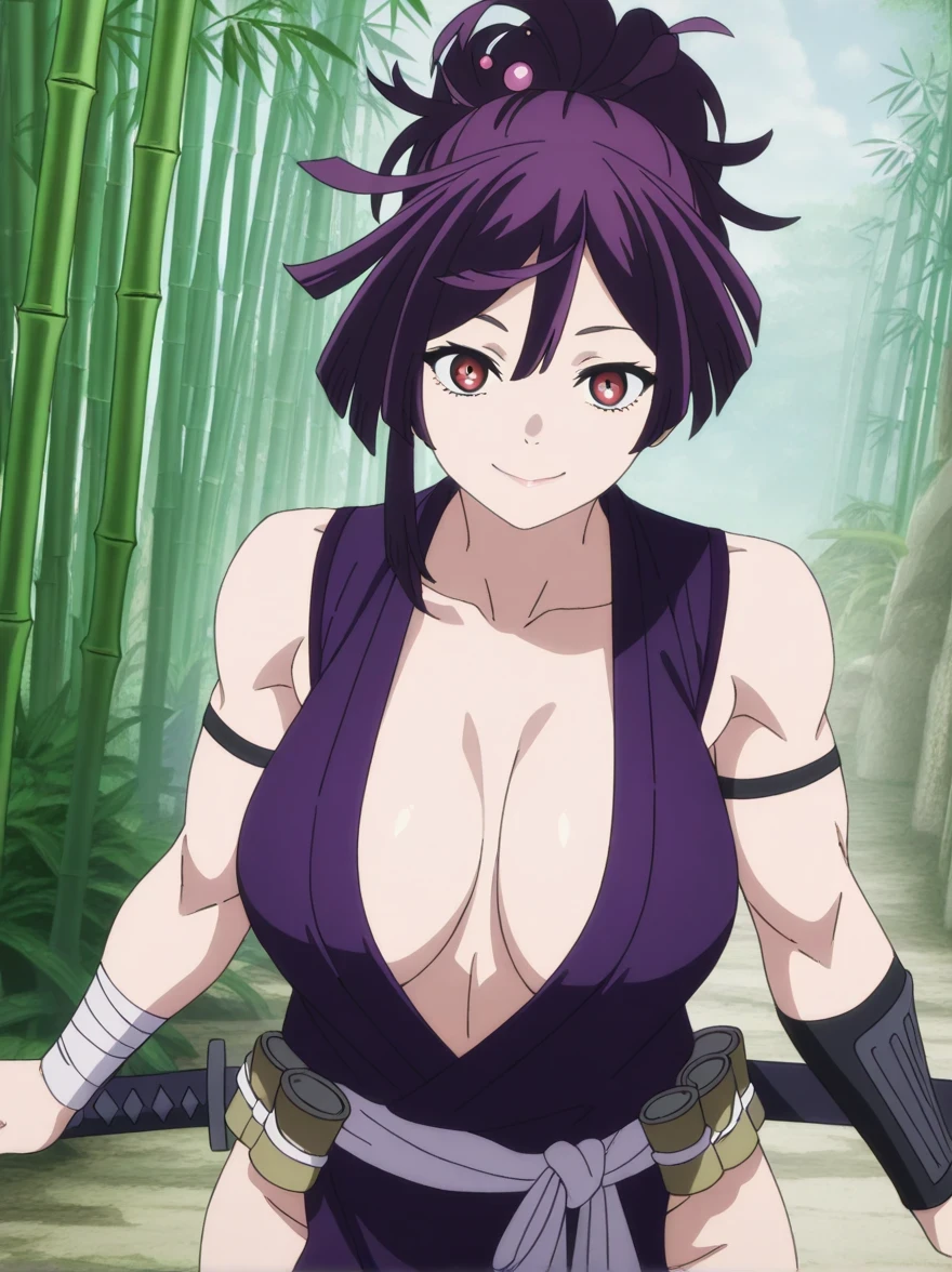 傑作、best quality、best resolution、best image quality、amazing quality、 very aesthetic、 absurdres、anime coloring、anime screencap、anime screenshot、1girl、 <lora:jigoku-yuzuriha-s1-illustriousxl-lora-nochekaiser:1>、yuzuriha、female focus、purple hair、medium hair、ponytail hair、hair ornament、red eyes、mature lady、looking at viewer、Purple kimono、bare shoulders、deltoids、anterior deltoids、middle deltoids、posterior deltoids、biceps、biceps long head、biceps short head、triceps、triceps medial head、triceps long head、triceps lateral head、brachioradialis、collarbone、trapezius、toned body、sleeveless、plunging neckline、no bra、big breasts、cleavage、large breasts、large boobs、bandaged wrist、wrist guard、arm strap、white sash、bamboo、White loincloth、outdoors、jungle、standing、smile、parted lips、cowboy shot、dutch angle、