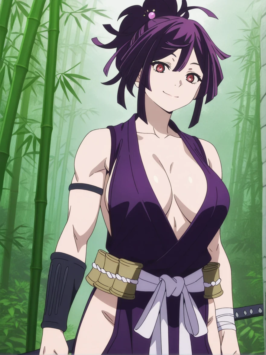 傑作、best quality、best resolution、best image quality、amazing quality、 very aesthetic、 absurdres、anime coloring、anime screencap、anime screenshot、1girl、 <lora:jigoku-yuzuriha-s1-illustriousxl-lora-nochekaiser:1>、yuzuriha、female focus、purple hair、medium hair、ponytail hair、hair ornament、red eyes、mature lady、looking at viewer、Purple kimono、bare shoulders、deltoids、anterior deltoids、middle deltoids、posterior deltoids、biceps、biceps long head、biceps short head、triceps、triceps medial head、triceps long head、triceps lateral head、brachioradialis、collarbone、trapezius、toned body、sleeveless、plunging neckline、no bra、big breasts、cleavage、large breasts、large boobs、bandaged wrist、wrist guard、arm strap、white sash、bamboo、White loincloth、outdoors、jungle、standing、smile、parted lips、cowboy shot、dutch angle、