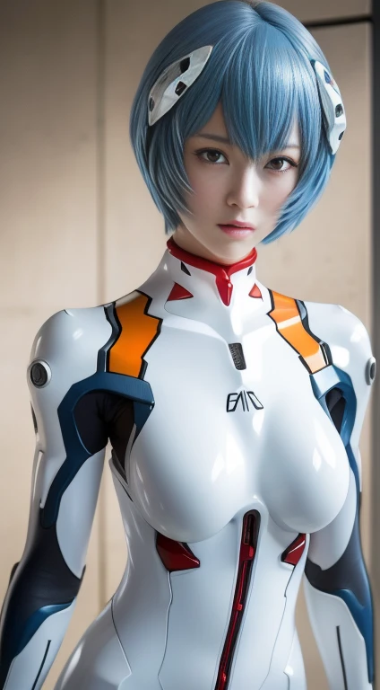 (highres, best quality), Rei Ayanami, Beautiful Mixed Pretty Japanese Babe Face. Beautiful Face, Detailed Beautiful bright red eyes, beautiful slim body, Super Blue Short Hair, white plugsuit, combine realism and anime influences, sorrow beautiful face, Intense Beautiful gaze,