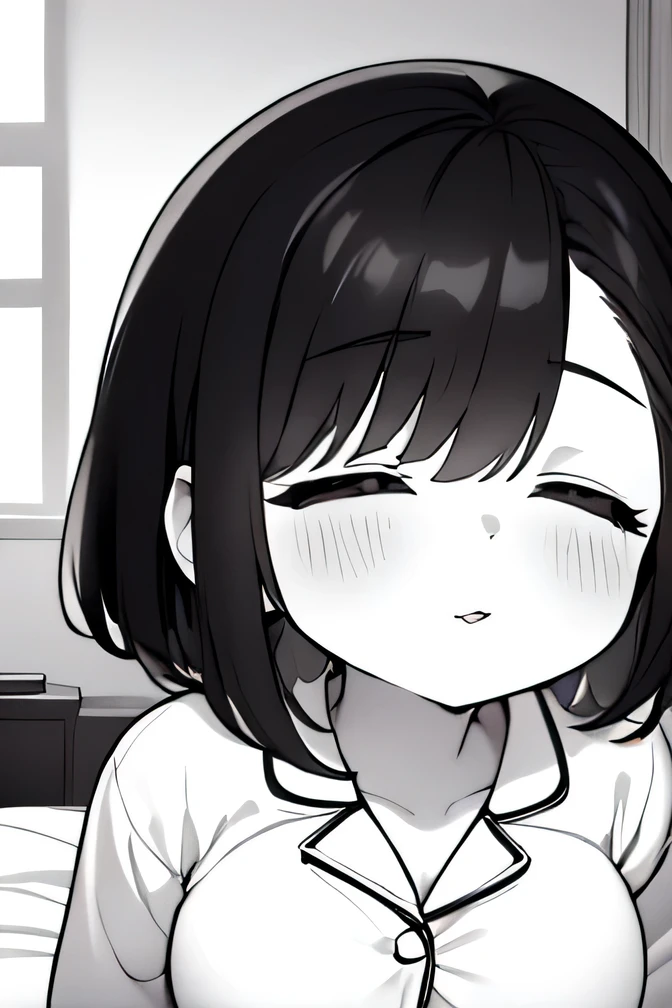 ((( Line art ))),((( monochrome:1.2))),(((incoming kiss:1.5))),1girl,ideal ratio body proportions,(iris ), Dark Eyes ,( small eyes ),(Slanted Eyes) ,(closed eyes),((black hair))),( short bob hair ),bangs ,(cute lips),((big breasts)),(disproportionate breasts),((short stature)),(cute pajamas ),((smile)),(((lying:1.2))),indoor,bedroom ,(((on the bed ))),(((upper body))),(((girl focus))),((face close up)),