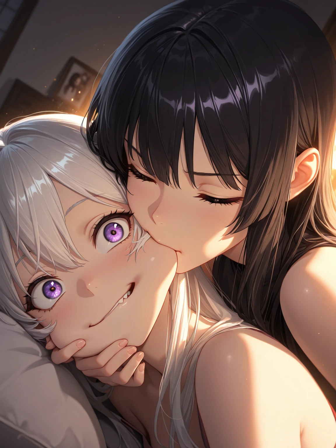 White Hair、Pink Eyes、Short Hair、laughing、Only one girl、alone、Cute、Face is close、Night、laughing、At the bed、Blushing、、Stick your tongue out、Sweating、Excited