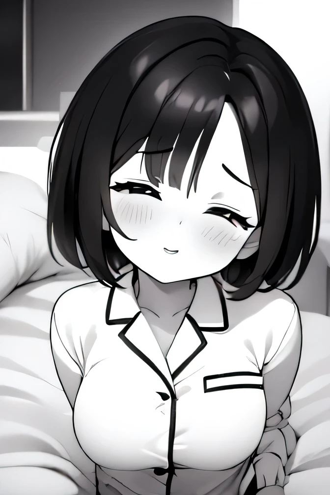 ((( Line art ))),((( monochrome:1.2))),(((incoming kiss:1.5))),1girl,ideal ratio body proportions,(iris ), Dark Eyes ,( small eyes ),(Slanted Eyes) ,(closed eyes),((black hair))),( short bob hair ),bangs ,(cute lips),((big breasts)),(disproportionate breasts),((short stature)),(cute pajamas ),((smile)),(((lying:1.2))),indoor,bedroom ,(((on the bed ))),(((upper body))),(((girl focus))),((face close up)),
