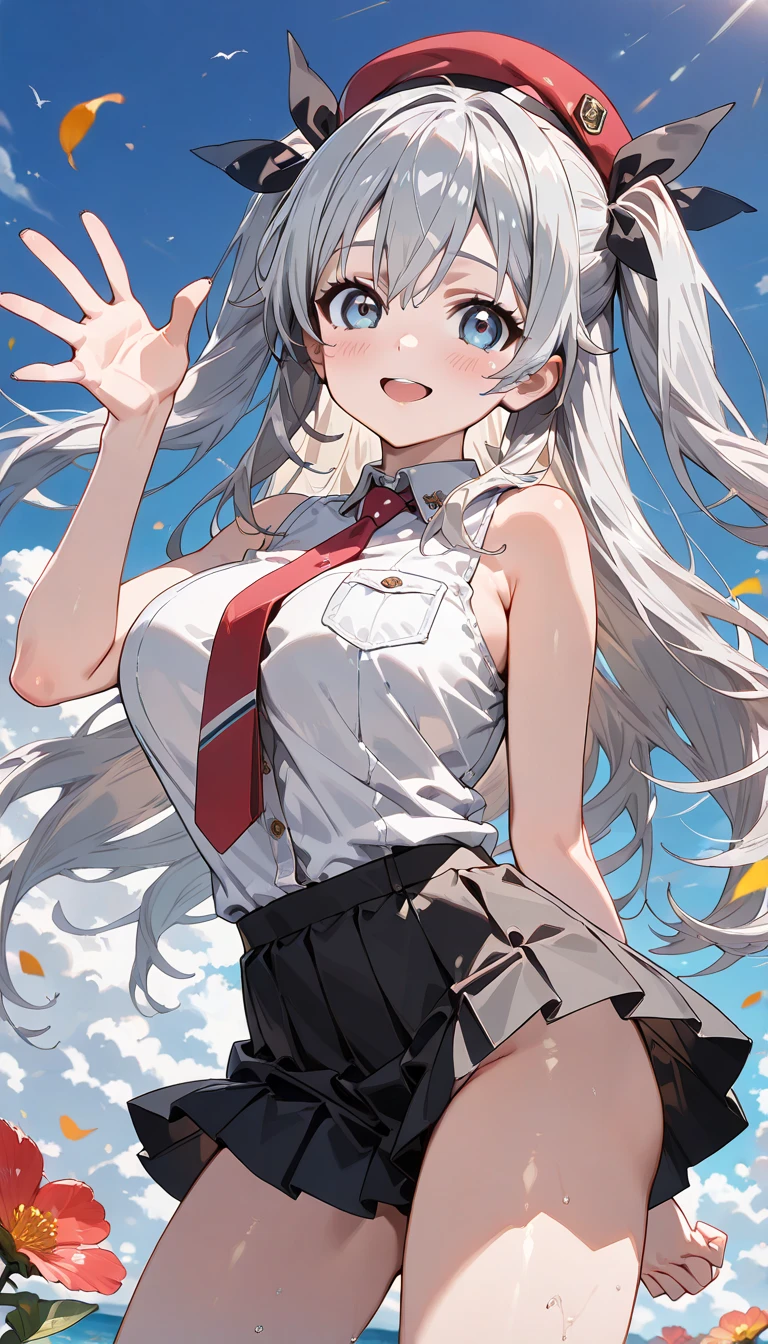 masterpiece, (realistic, photo realistic:1.2), ((highest quality), extremely fine and beautiful, beautiful face details, real human skin, realistic, photorealistic, cowboy shot, Alisa Mikhailovna Kujou, ahoge, long hair, grey hair, hair intakes, hair ribbon, red ribbon, sidelocks, hair between eyes, bangs, blue eyes, school uniform, grey jacket, cropped jacket, blazer, open jacket, , wing collar, red bowtie, collared shirt, white shirt, , long sleeves, black dress, pleated dress, double-breasted, zettai ryouiki, white thighhighs, White , (wind, wind lift, Skirt lifted by the wind, skirt rolled up by the wind, Skirt flutters:1.5), (Fully exposed panties:1.5), (white panties:1.5), (standing :1.2)