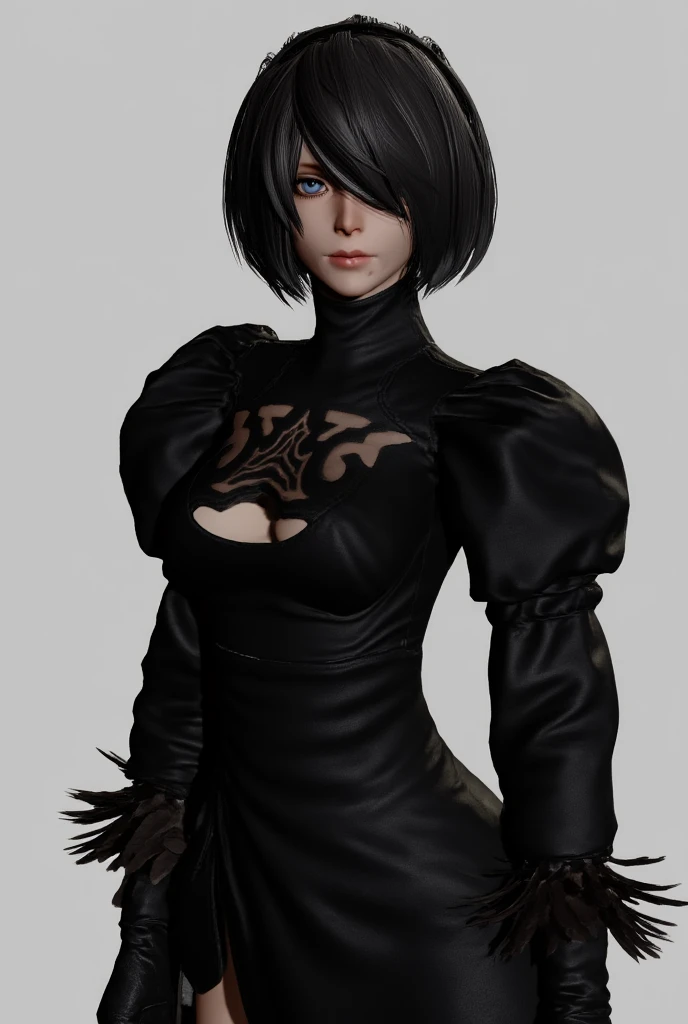 2bxiv, viera, cosplay, animal ears, rabbit ears, 1boy, male focus, facial mark, dark skin, solo, dark-skinned female, gloves, looking at viewer, black hair, upper body, short hair, lips, earrings, puffy sleeves, jewelry, black gloves, brown eyes, building, dress,