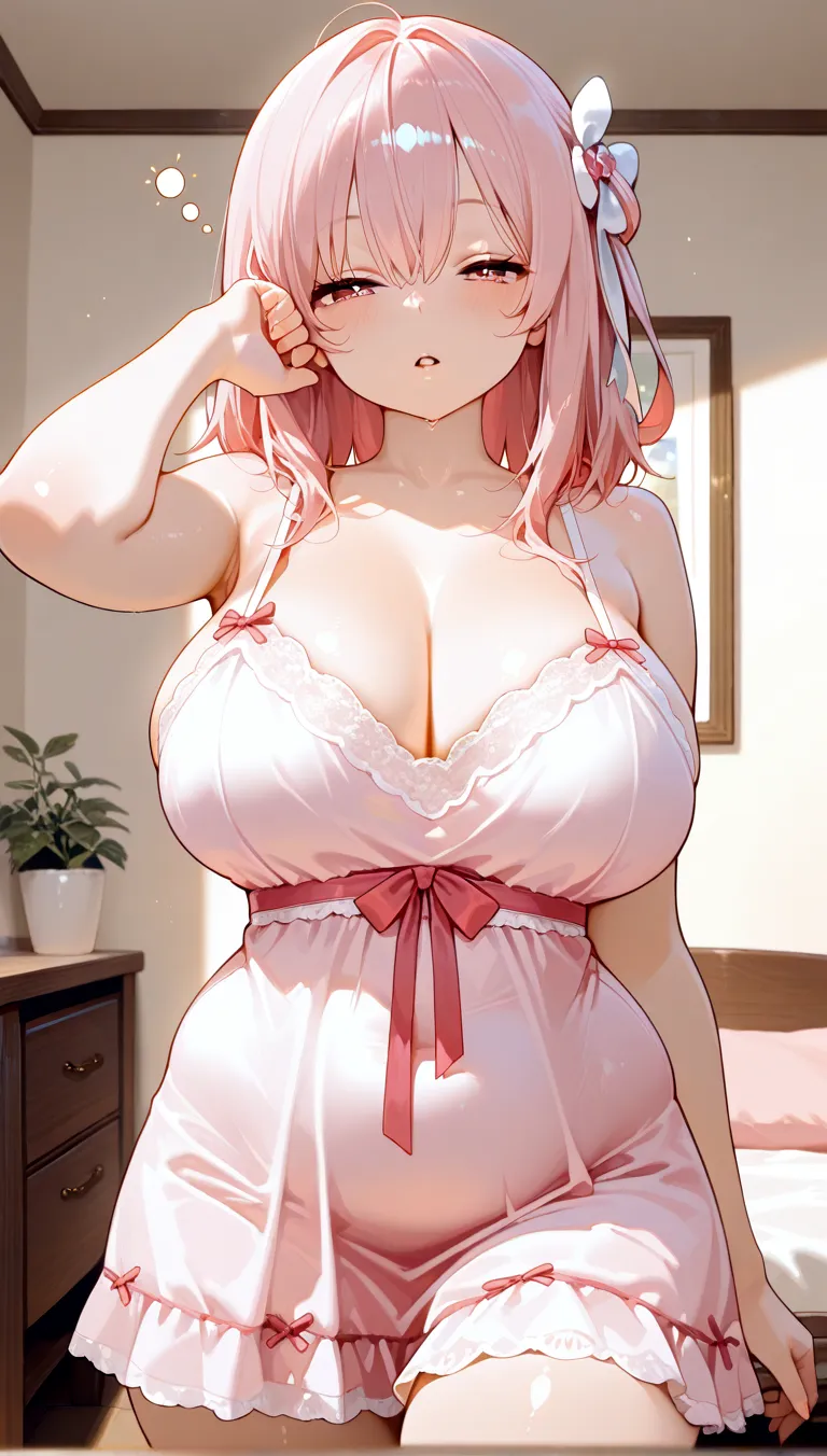 (masterpiece), best quality, 1girl, (:1.2), (curvy:1.1), cleavage, pink hair, short twintails, full bangs, pink eyes, hairband, (white lace lingerie:1.1), red ribbon, standing, smile, closed mouth, looking at viewer, bedroom,