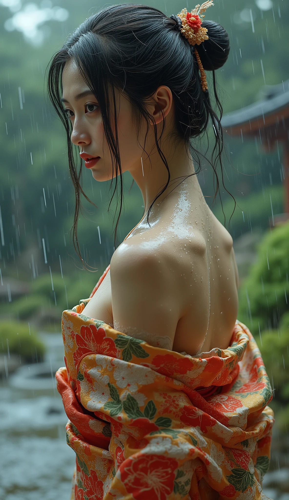 Highest Quality 、high quality 、 最High Precision、High Precision、8K quality、high image quality 、Highest Quality、 masterpiece 、immersive video、 very realistic image 、Realistic Painting、 perfect details 、 High Contrast 、High Fidelity、 perfect photo without blur、close to reality、 faithfully reproduced images down to the smallest detail、 Detailed and REALISTIC WEAPON 、 exquisite and realistic human skin 、 realistic face in every detail、 Realistic eyes in detail 、 drawing realistic lips down to the smallest detail 、 detailed and real teeth、Real Ears、 Realistic Hair 、((Japanese Model))､((Beautiful mature woman))、((Madame))、((Adult face))、(( black hair))、((BIG BREASTS))、((slim and perfect mature body))、(((Wet skin all over  )))､((traditional Japanese garden))、((Rain clouds spreading across the sky))、((Heavy Rain Weather))､(( downpour))、((Stormy wind and rain))、(((A kimono with a clear floral pattern,sexy kimono)))、(((雨に濡れたA kimono with a clear floral patternが肌にぴったりとフィットする))、(((雨に濡れたA kimono with a clear floral patternを通して彼女のボディーラインがはっきりと見える)))、(( Raindrops on a wet kimono  ))､((( Dynamic Sexy Poses )))､((((full body depiction)))、(   subject close-up  ))
