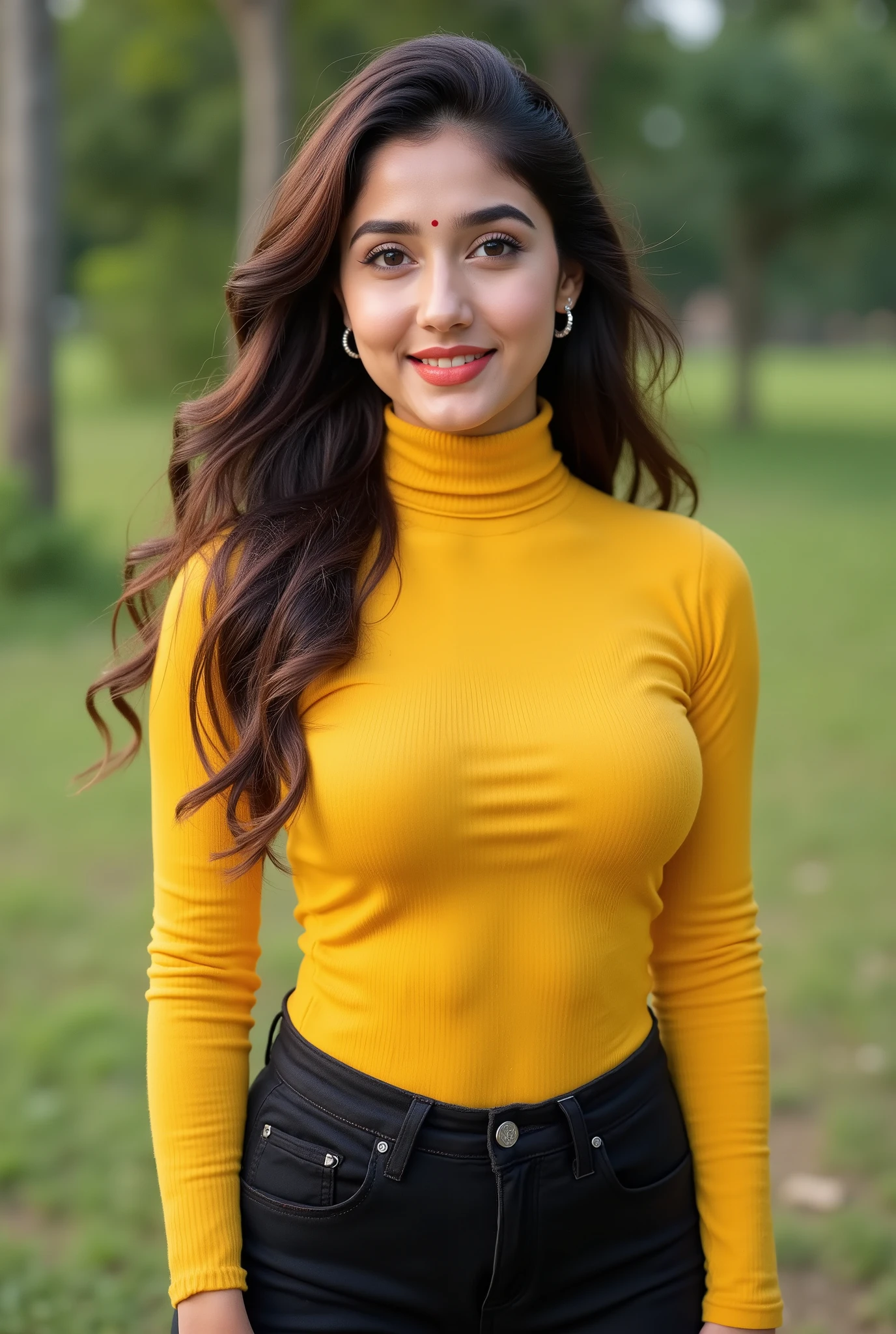 anaswarasdxl, ashk, Full body image of a 20 year old Indian girl with smiling look, fair skin tone, light grey eyes, fox eyelashes, thin eyebrows, black eye liner, silver eyeshadow, natural blush, and red lipstick. Her hairs are long, brown, wavy and stylish. She is wearing a yellow turtle neck top, black jeans and hoop earrings. She is standing outdoors in a sexy pose. Photorealistic, ultra realistic, detailed skin, soft lighting, ultra-detailed textures, 8K resolution, masterpiece.