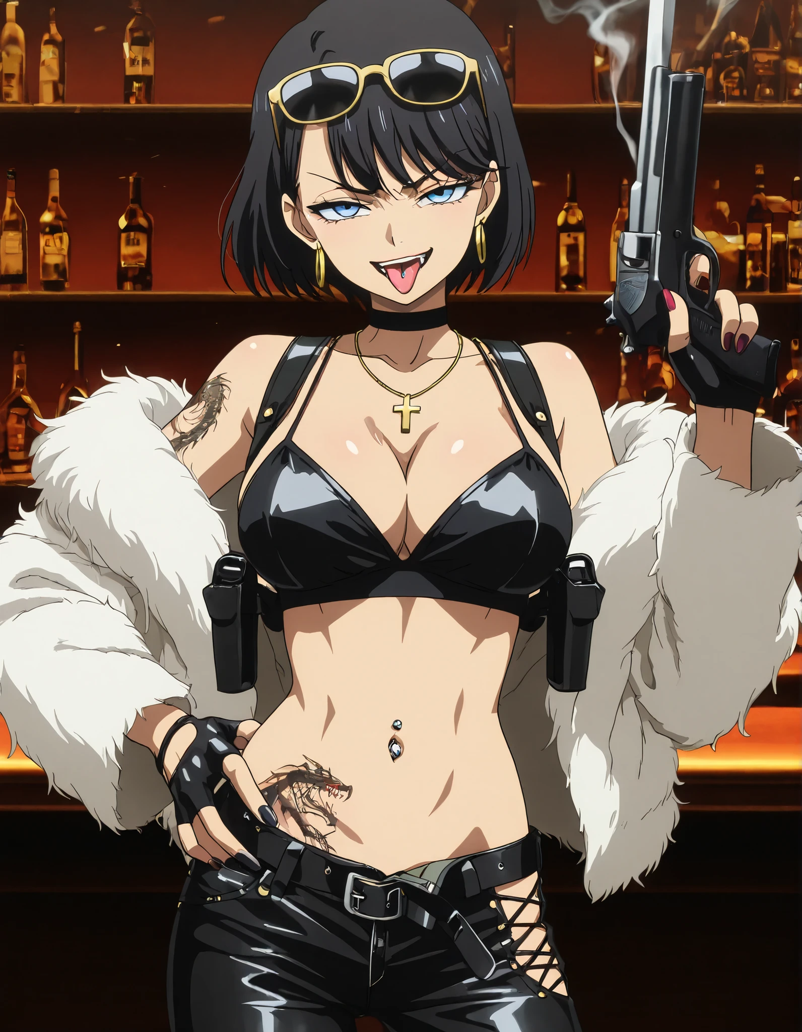 masterpiece, best quality, amazing quality, girl, short hair, black hair, blue eyes, loop earrings,,nail polish , , makeup , ear piercing , long hair , lipstick , Hot girl , baddie , smoking , sensual , attractive , choker , cross necklace , bar background, inside bar ,indoors, , casino, , fur jacket , shoulders , white fur , , , leather pants , dark brown , fur , side inserts , belt , weapon holder , weapon , fingerless gloves , leather , forearms , sword , short , strapped , belt , cowboy shot , masterpiece , best quality , highly detailed , a girls with a gun , evil smile , open mouth , gaze , badass pose , evil smile , smile , () , guns blazing , , navel , evil expression , exposed belly , exposed navel , exposed midriff , exposed lower belly , long black pants , cleavage , unbuttoned leather pants , open fly , low rise black leather pants , leather jacket , holding a gun , holding pistol , unbuttoned shirt , collared shirt , knot , pull_down leather pants , (show off panties , :1 . 2 , no panties) , pull_down long black pants , pull_down black leather pants , zip up leather jacket , top , navel piercing , cross-laced slit , tongue piercing , tongue out , open mouth , ,, , shoulder holster,, sunglasses on head ,medium large ,looking at viewer , dragon tattoo on waist, narrowed eyes, tattoo on waist, anipai_style , anime screencap , anime coloring, v-shape eyebrows,,