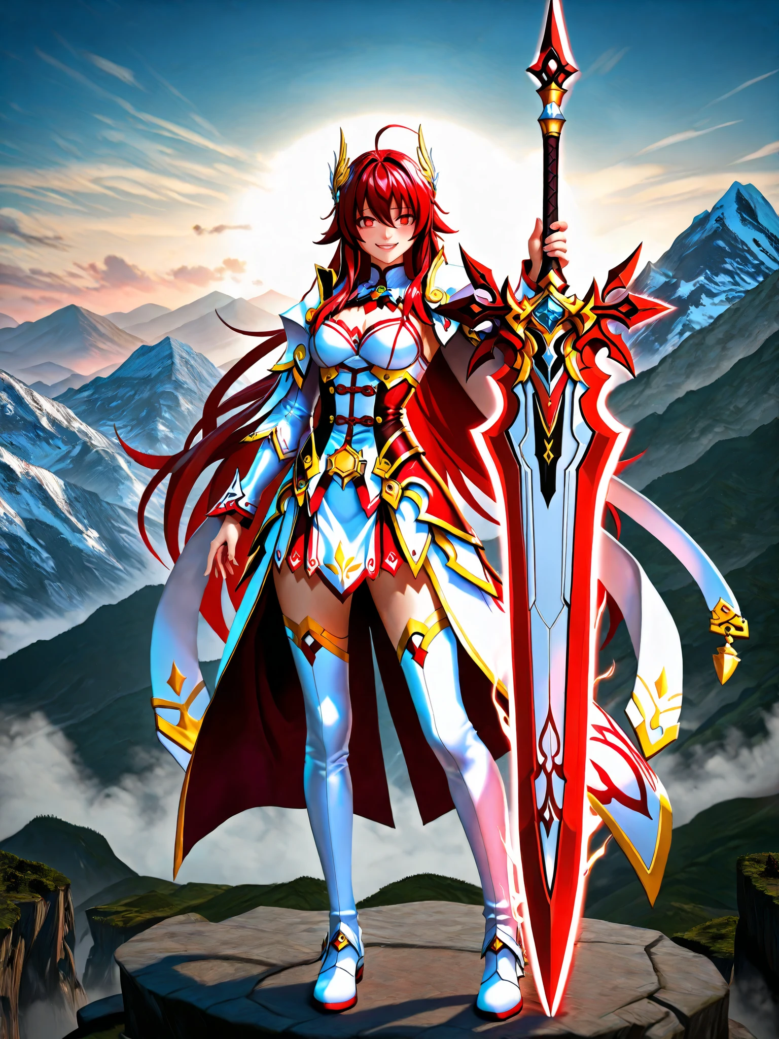 8k ultra hd, photorealistic, hyperdetailed, 3d rendered, masterpiece, mountain landscape, solo, 20 years old , yandere, elesis sieghart(elsword), sword holding girl, red hair, long hair, red eyes, perfect hands (5 parmak), rias gremory, irelia, hu tao, white and red armored uniform, female redhead Templar , fus rei, female action anime girl, elsword style, sao style, Arc, Gungnir, Sneaky Gaze, smile , full body