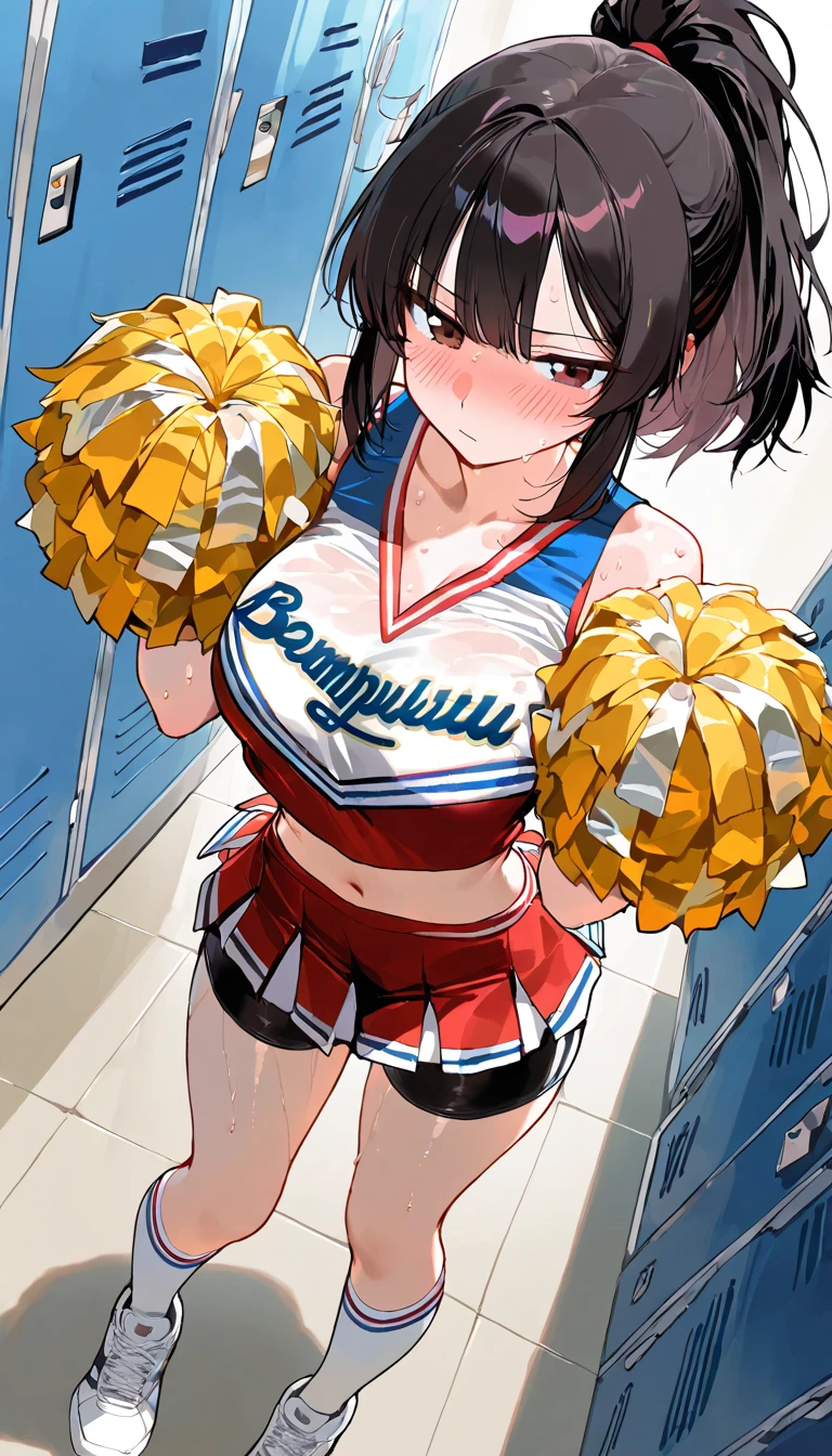 (Beautiful Girl : 1.3),1 girl,(ARW),(Cheerleader, with pompoms,pleated skirt,sweat,bike shorts,high socks,Sneakers),dark haired,Ponytail,is embarrassing,Blush,Standing,locker room,Dynamic Angle,masterpiece,Highest Quality,rich contrast,high image quality,8k,High Definition CG Unit Wallpaper,texture,unbelievably absurd,RAW pictures,Deep Border 1 .2,Highly Detailed