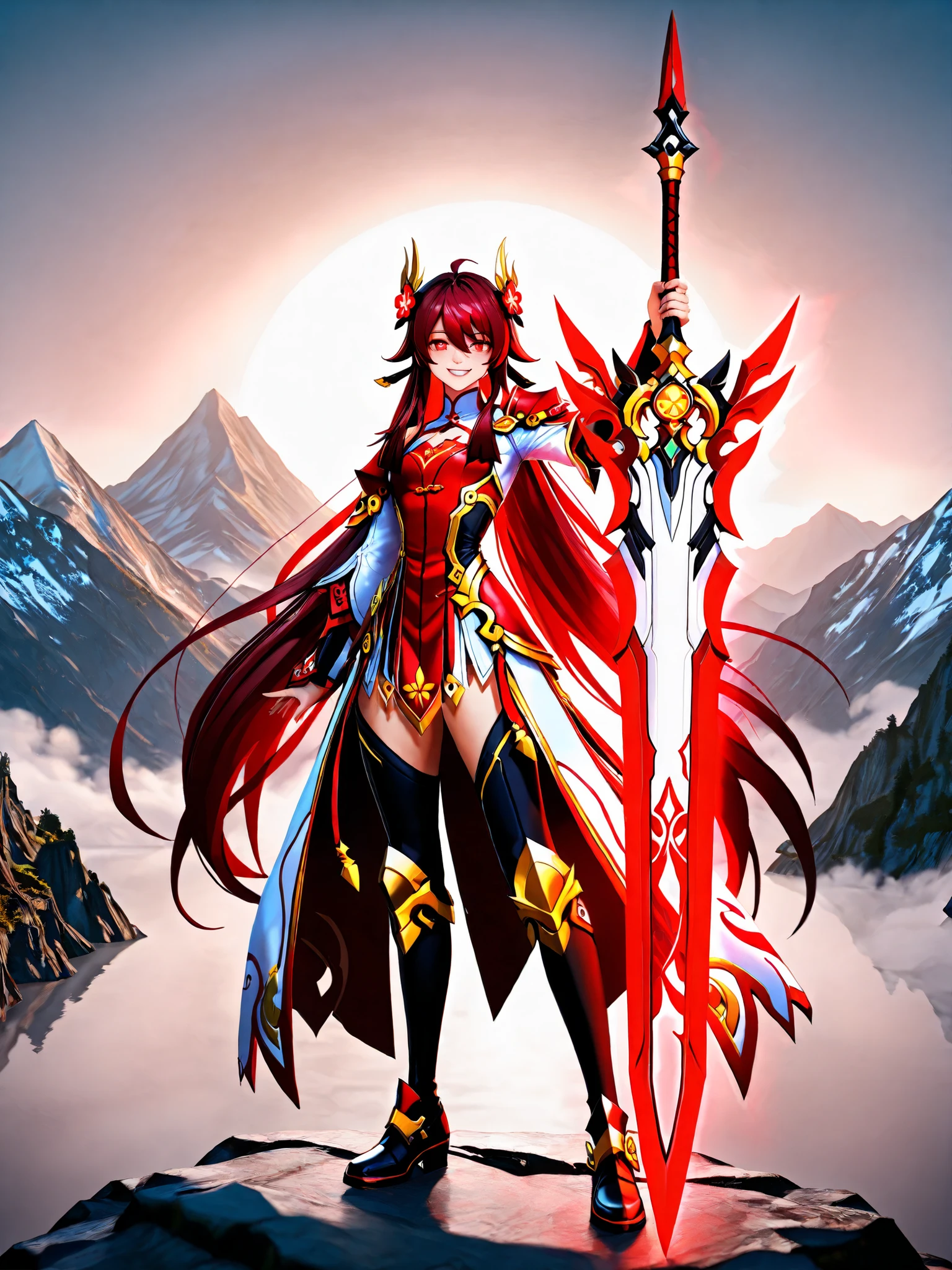 8k ultra hd, realistic, hyperdetailed, 3d rendered, masterpiece, mountain landscape, solo, 20 years old , yandere, elesis sieghart(elsword), sword holding girl, red hair, long hair, red eyes, perfect hands (5 parmak), irelia, hu tao, white and red armored uniform, female redhead Templar , fus rei, female action anime girl, elsword style, sao style, Arc, Gungnir, Sneaky Gaze, smile , full body