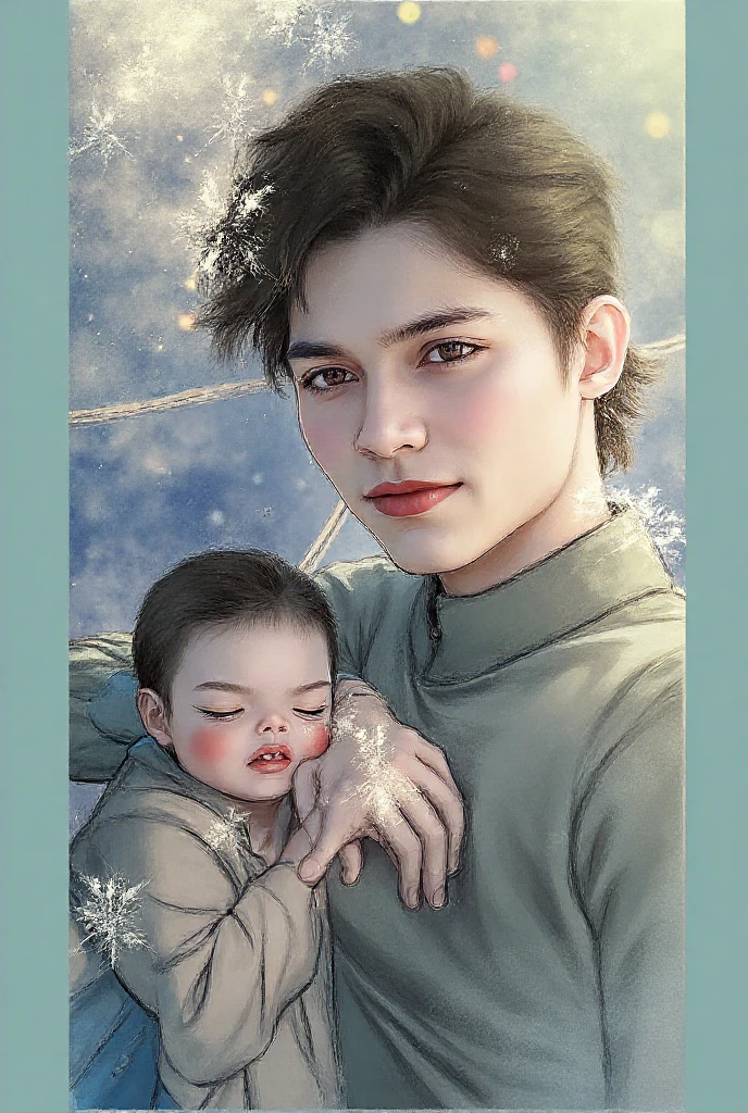 Jungkook holding a baby boy and smiling in a snowy forest