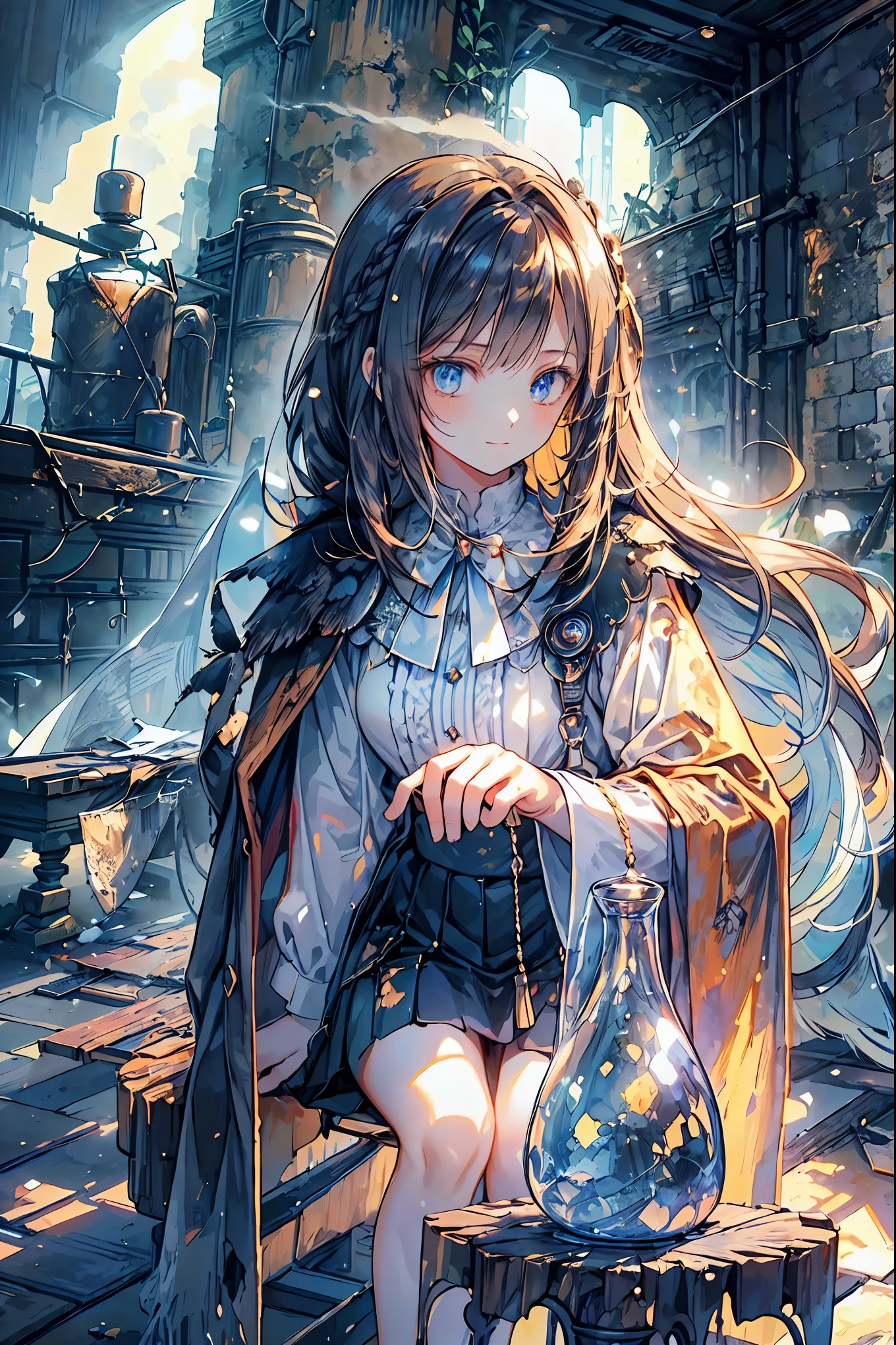 brown hair,Shortcut,unkempt hair,Short braided hair,Neat,slender beauty,correct posture,small breasted,Beautiful legs,Her enchanting gray-blue eyes with decayed books shine like stars,Saggy Eyes,bright colors,beautiful eyes,A delicate smile,Textured Skin,best quality,gentle and beautiful woman,anime style、Explore ruins,Stepping Into Decaying Remains and Beyond、巨大なtowerが見える,tower,the roof is peeling,Holding a decayed book,scattered rubble,meteor、空から降り注ぐmeteor、無数のmeteor群,What You See Is a Desolate Interior,dark atmosphere,Abandoned Buildings,slanted wall ,broken glass,Overgrown Plants, doodle,Decayed Furniture ,Traces of a Nostalgic Past, Spooky Shadows , sex,Dusty Floors,Rusted Metal,Desperate Atmosphere,High Ceilings,Cracked Tiles,A Space Where Silence Reigns,Walls That Make You Feel Time,Traces of Lost Time,Mysterious Charm,Realistic,4K hi-res,Extreme precision,Professional Illustration,REALISTIC TEXTURE,Battle for Survival,Dark Fantasy,Cinematic Lighting