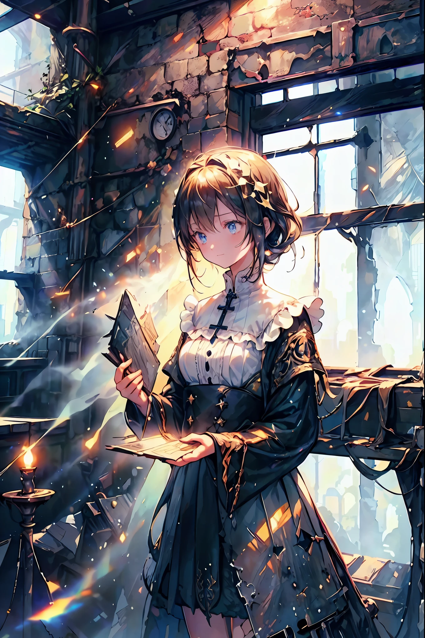 brown hair,Shortcut,unkempt hair,Short braided hair,Neat,slender beauty,correct posture,small breasted,Beautiful legs,enchanting gray-blue eyes shine like stars,Saggy Eyes,bright colors,beautiful eyes,A delicate smile,Textured Skin,best quality,gentle and beautiful woman,anime style、Explore ruins,Stepping Into Decaying Remains and Beyond、巨大なtowerが見える,tower,the roof is peeling,Holding a decayed book,scattered rubble with decayed books,meteor、空から降り注ぐmeteor、無数のmeteor群,What You See Is a Desolate Interior,dark atmosphere,Abandoned Buildings,slanted wall ,broken glass,Overgrown Plants, doodle,Decayed Furniture ,Traces of a Nostalgic Past, Spooky Shadows , sex,Dusty Floors,Rusted Metal,Desperate Atmosphere,High Ceilings,Cracked Tiles,A Space Where Silence Reigns,Walls That Make You Feel Time,Traces of Lost Time,Mysterious Charm,Realistic,4K hi-res,Extreme precision,Professional Illustration,REALISTIC TEXTURE,Battle for Survival,Dark Fantasy,Cinematic Lighting