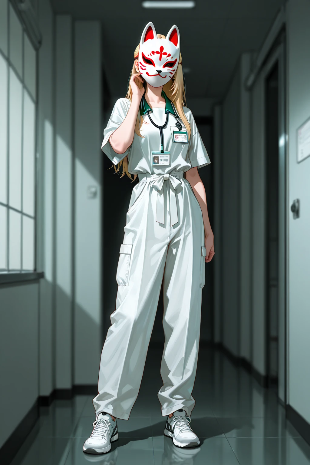 1girl, solo, nurse, nurse cap, white wear, ((white legwear, zettai ryouiki)), white gloves, twintails, yellow hair, purple eyes, ((white surgical mask, covered nose)), standing, ((hospital room)), sharp outline, short sleeves, best quality, masterpiece