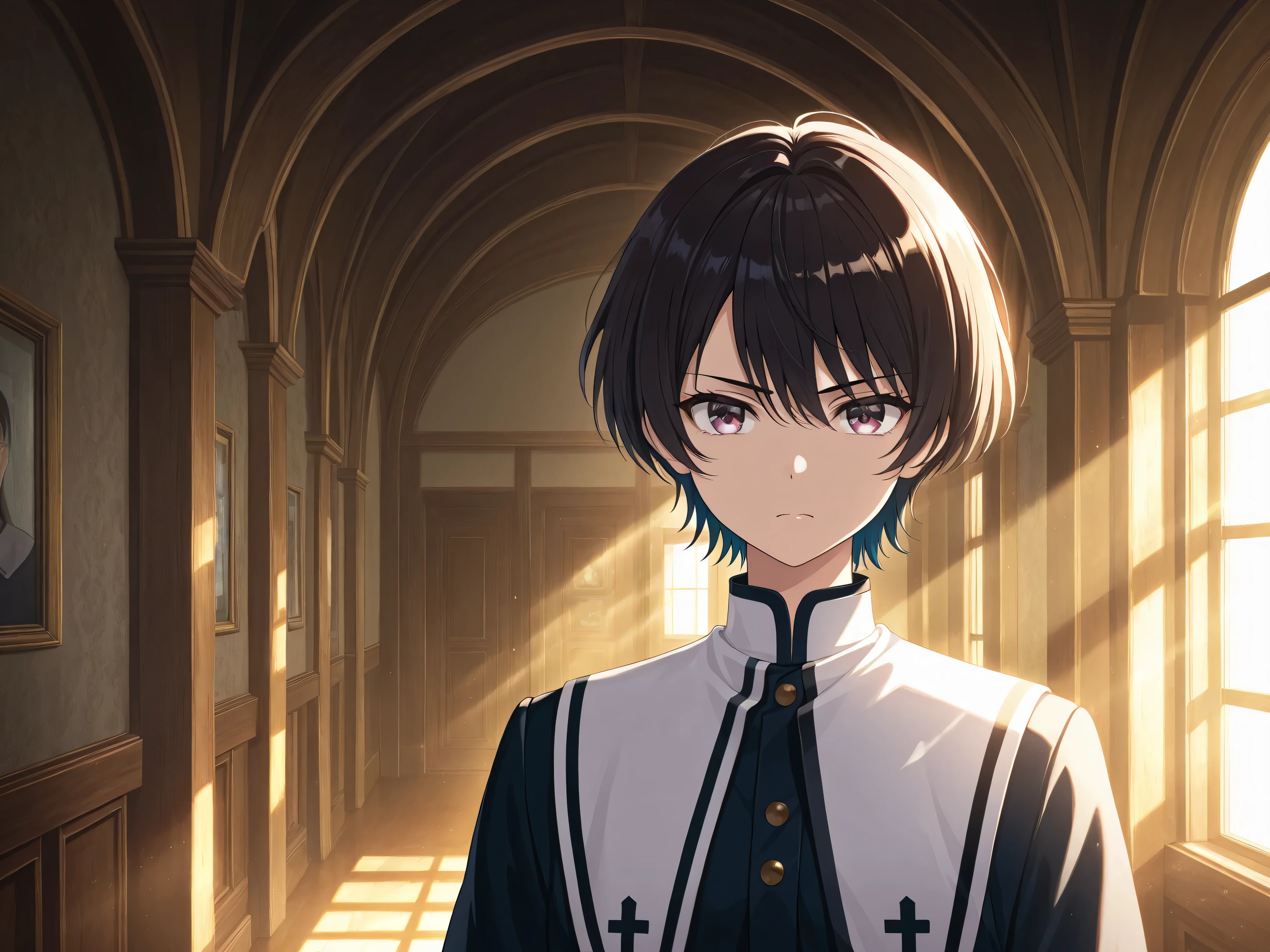 Vivid Colors,one woman,dark haired,short hair,Deacon's uniform,with a dignified appearance,Serious Expression,Morning sunlight,Western-style interior,High Quality,4K,Professional,HDR