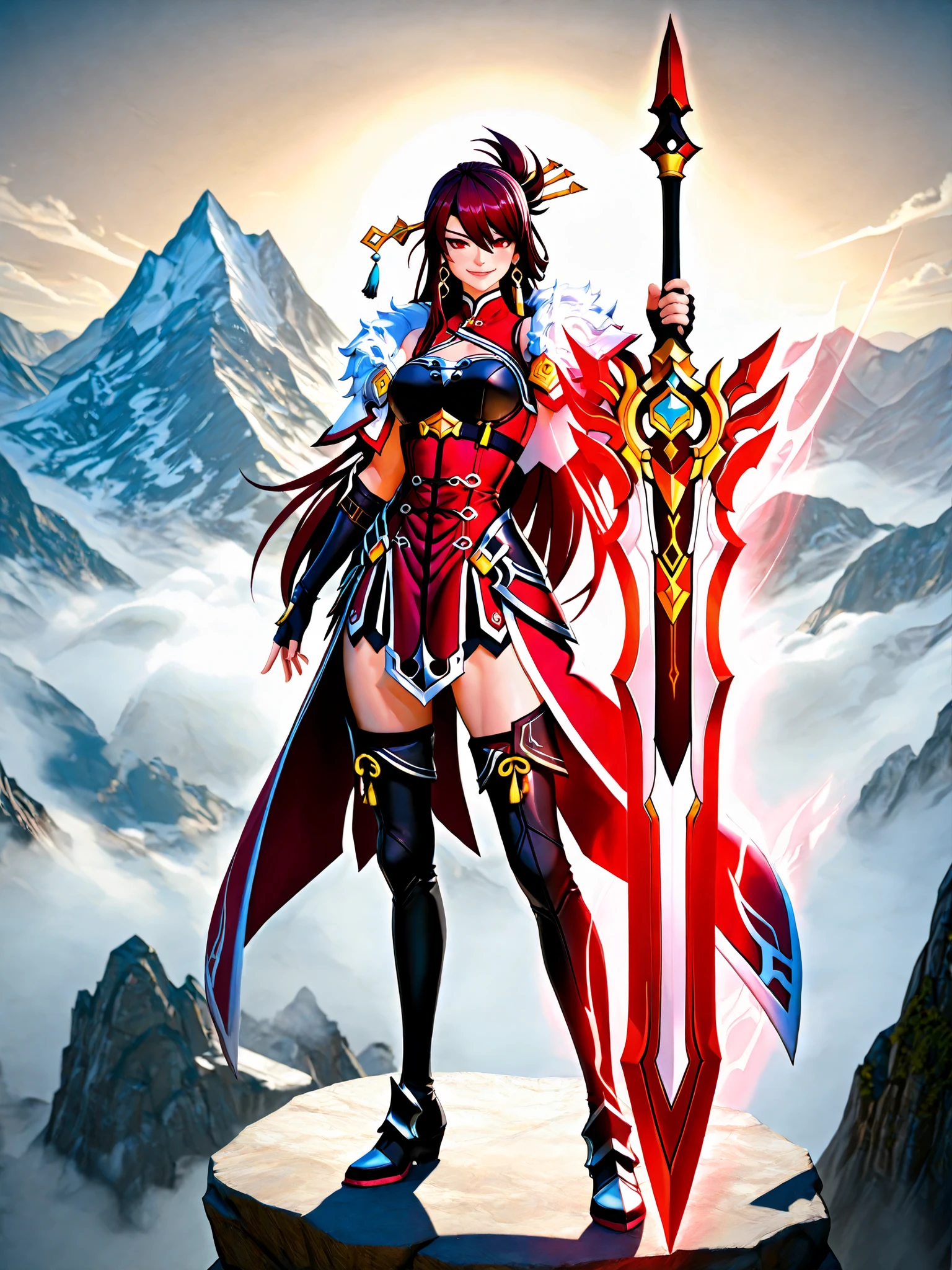 8k ultra hd, realistic, hyperdetailed, 3d rendered, masterpiece, mountain landscape, solo, 20 years old , elesis sieghart(elsword), sword holding girl, red hair, long hair, red eyes, perfect hands (5 parmak), irelia, beidou, white and red armored uniform, female redhead Templar , fus rei, female action anime girl, elsword style, sao style, Arc, Gungnir, Sneaky Gaze, smile , full body