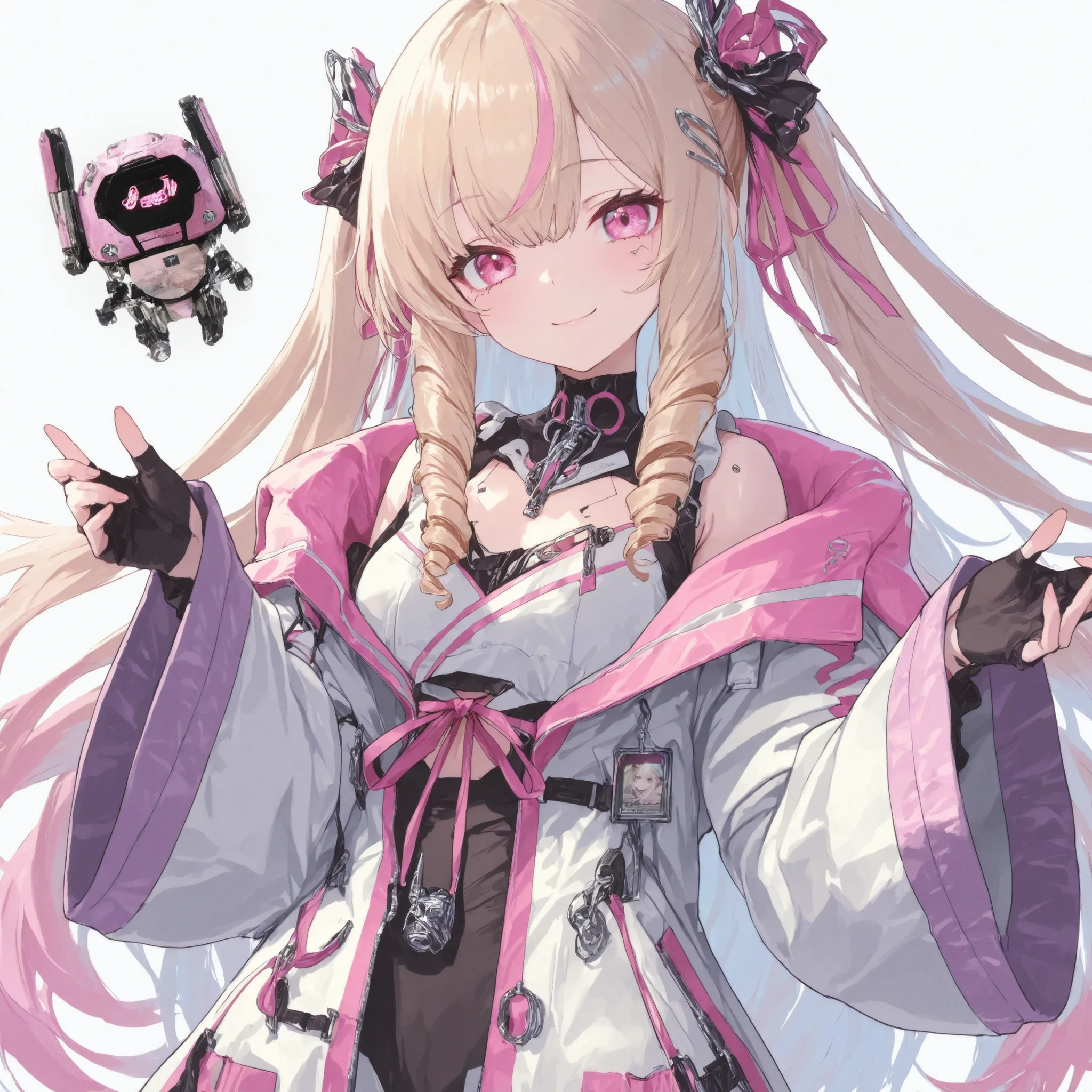 ,Anime Style,,smile,very beautiful,Very fragile,three-dimensional \), break ,Quality\(8k,วอลล์เปเปอร์ของหน่วย CG ที่in high detailมาก, fine artwork,high resolution,top-Quality,top-Quality real texture skin,Very Realistic Colors,, adds resolution,seductive smile,Qualityดีที่สุด,in high detail, Wallpapers,movie light,ray trace,Golden Ratio\),Dynamic angle, macro photo ,Cyberpunk , pink eye drill, hair is light blonde and very light brown with pink ends.Proportionate body, perfect hands