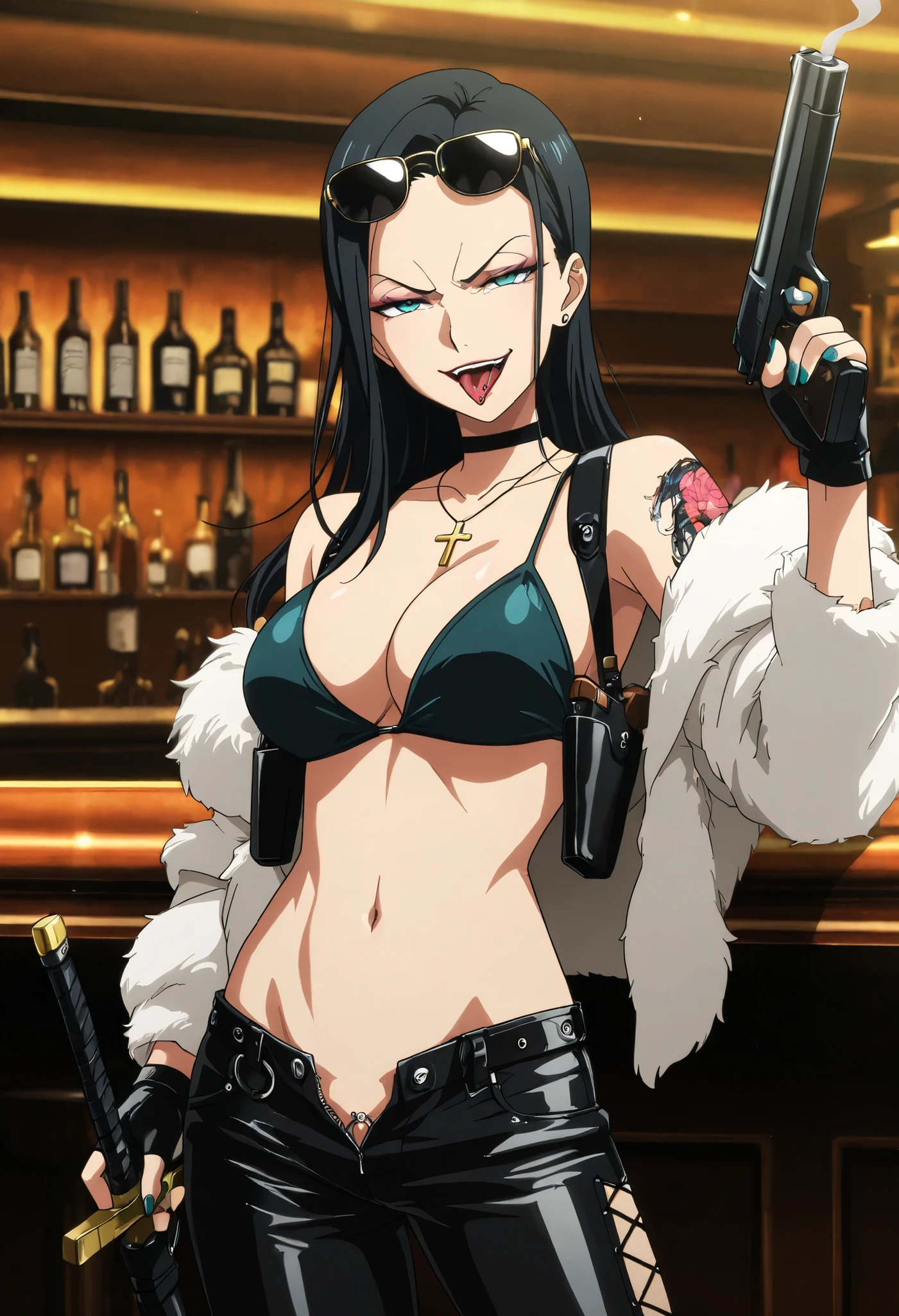 masterpiece, best quality, amazing quality, depth of field, girl,,  long hair, black hair, forehead, teal eyes, , nail polish , , makeup , ear piercing , long hair , lipstick , Hot girl , baddie , smoking , sensual , attractive , choker ,  cross necklace , bar background, inside bar ,indoors, , casino, , fur jacket , bare shoulders , white fur , , , leather pants , dark brown , fur , side inserts , belt , weapon holder , weapon , fingerless gloves , leather , forearms , sword , short , strapped , belt , cowboy shot , masterpiece , best quality , highly detailed , a girls with a gun , evil smile , open mouth , sexy gaze , badass pose , evil smile , smile , (nsfw) not safe for work , guns blazing  , navel , evil expression , exposed belly , exposed navel , exposed midriff , exposed lower belly , long black pants , cleavage , unbuttoned leather pants , open fly , low rise black leather pants , leather jacket , holding a gun , holding pistol , pull_down leather pants , (show off panties , :1 . 2 , no panties) , pull_down long black pants , pull_down black leather pants , zip up leather jacket , bikini top , navel  , cross-laced slit , tongue piercing , tongue out , open mouth , clitoris piercing ,, , shoulder holster,, sunglasses on head ,medium large breast ,looking at viewer , dragon tattoo on waist, narrowed eyes, tattoo on waist, anipai_style , anime screencap , anime coloring, v-shape eyebrows,,