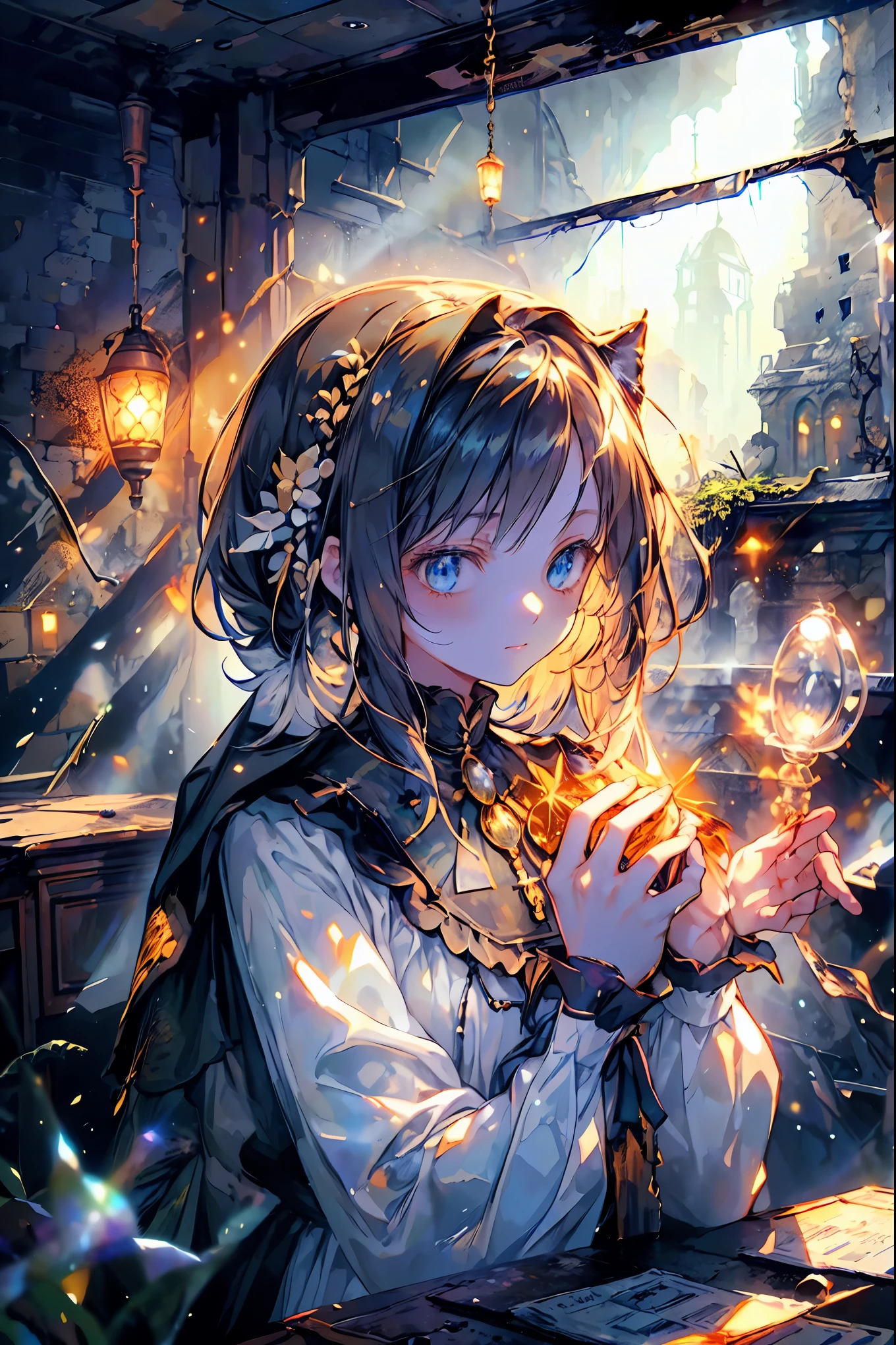 brown hair,Shortcut,unkempt hair,Short braided hair,Neat,slender beauty,correct posture,small breasted,Beautiful legs,Her enchanting gray-blue eyes with decayed books shine like stars,Saggy Eyes,bright colors,beautiful eyes,A delicate smile,Textured Skin,best quality,gentle and beautiful woman,Cat ears,anime style、Explore ruins,Stepping Into Decaying Remains and Beyond、巨大なtowerが見える,tower,the roof is peeling,Holding a decayed book,scattered rubble with decayed books,meteor、空から降り注ぐmeteor、無数のmeteor群,What You See Is a Desolate Interior,dark atmosphere,Abandoned Buildings,slanted wall ,broken glass,Overgrown Plants, doodle,Decayed Furniture ,Traces of a Nostalgic Past, Spooky Shadows , sex,Dusty Floors,Rusted Metal,Desperate Atmosphere,High Ceilings,Cracked Tiles,A Space Where Silence Reigns,Walls That Make You Feel Time,Traces of Lost Time,Mysterious Charm,Realistic,4K hi-res,Extreme precision,Professional Illustration,REALISTIC TEXTURE,Battle for Survival,Dark Fantasy,Cinematic Lighting