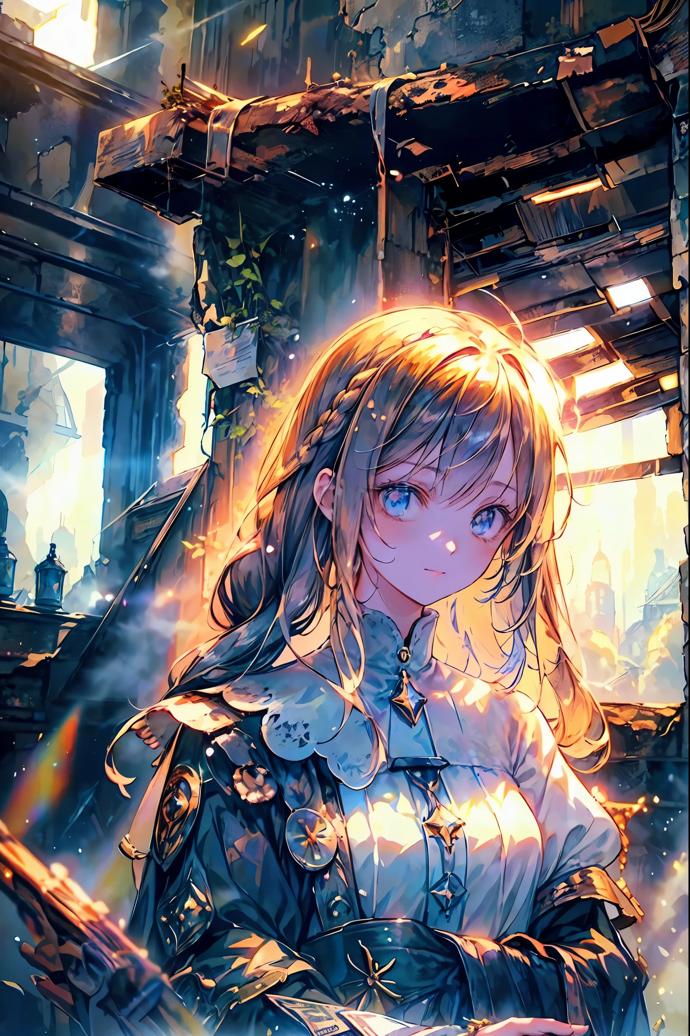 brown hair,Shortcut,unkempt hair,Short braided hair,Neat,slender beauty,correct posture,small breasted,Beautiful legs,Her enchanting gray-blue eyes with decayed books shine like stars,Saggy Eyes,bright colors,beautiful eyes,A delicate smile,Textured Skin,best quality,gentle and beautiful woman,Cat ears,anime style、Explore ruins,Stepping Into Decaying Remains and Beyond、巨大なtowerが見える,tower,the roof is peeling,Holding a decayed book,scattered rubble with decayed books,meteor、空から降り注ぐmeteor、無数のmeteor群,What You See Is a Desolate Interior,dark atmosphere,Abandoned Buildings,slanted wall ,broken glass,Overgrown Plants, doodle,Decayed Furniture ,Traces of a Nostalgic Past, Spooky Shadows , sex,Dusty Floors,Rusted Metal,Desperate Atmosphere,High Ceilings,Cracked Tiles,A Space Where Silence Reigns,Walls That Make You Feel Time,Traces of Lost Time,Mysterious Charm,Realistic,4K hi-res,Extreme precision,Professional Illustration,REALISTIC TEXTURE,Battle for Survival,Dark Fantasy,Cinematic Lighting