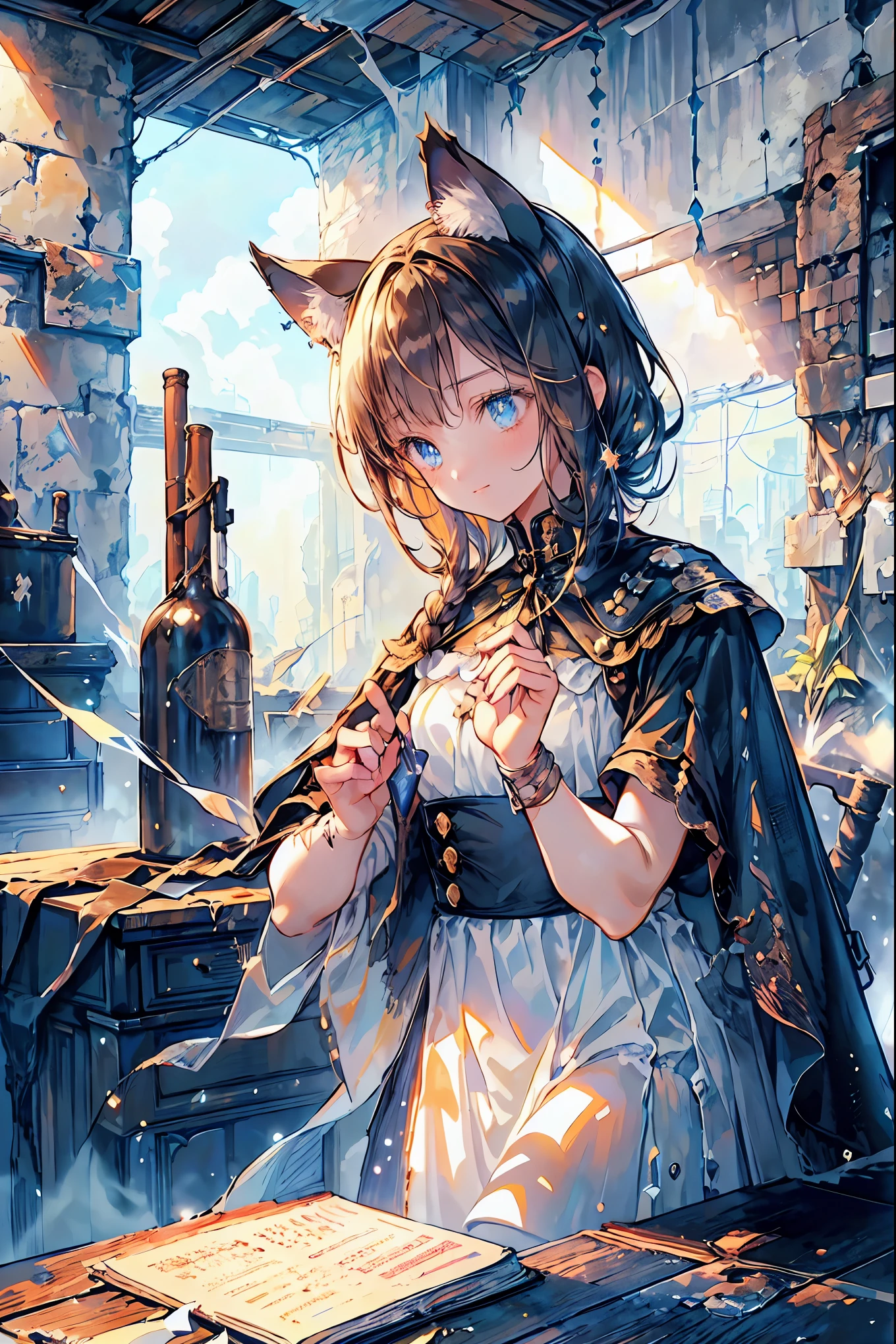 brown hair,Shortcut,unkempt hair,Short braided hair,Neat,slender beauty,correct posture,small breasted,Beautiful legs,Her enchanting gray-blue eyes with decayed books shine like stars,Saggy Eyes,bright colors,beautiful eyes,Cat ears,A delicate smile,Textured Skin,best quality,gentle and beautiful woman,anime style、Explore ruins,Stepping Into Decaying Remains and Beyond、巨大なtowerが見える,tower,the roof is peeling,Holding a decayed book,scattered rubble with decayed books,meteor、空から降り注ぐmeteor、無数のmeteor群,What You See Is a Desolate Interior,dark atmosphere,Abandoned Buildings,slanted wall ,broken glass,Overgrown Plants, doodle,Decayed Furniture ,Traces of a Nostalgic Past, Spooky Shadows , sex,Dusty Floors,Rusted Metal,Desperate Atmosphere,High Ceilings,Cracked Tiles,A Space Where Silence Reigns,Walls That Make You Feel Time,Traces of Lost Time,Mysterious Charm,Realistic,4K hi-res,Extreme precision,Professional Illustration,REALISTIC TEXTURE,Battle for Survival,Dark Fantasy,Cinematic Lighting