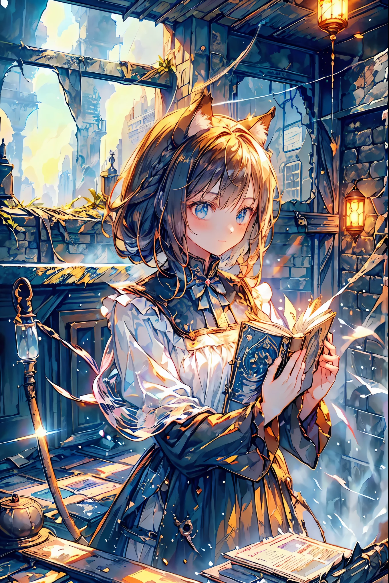 brown hair,Shortcut,unkempt hair,Short braided hair,Neat,slender beauty,correct posture,small breasted,Beautiful legs,Her enchanting gray-blue eyes with decayed books shine like stars,Saggy Eyes,bright colors,beautiful eyes,Cat ears,A delicate smile,Textured Skin,best quality,gentle and beautiful woman,anime style、Explore ruins,Stepping Into Decaying Remains and Beyond、巨大なtowerが見える,tower,the roof is peeling,Holding a decayed book,scattered rubble with decayed books,meteor、空から降り注ぐmeteor、無数のmeteor群,What You See Is a Desolate Interior,dark atmosphere,Abandoned Buildings,slanted wall ,broken glass,Overgrown Plants, doodle,Decayed Furniture ,Traces of a Nostalgic Past, Spooky Shadows , sex,Dusty Floors,Rusted Metal,Desperate Atmosphere,High Ceilings,Cracked Tiles,A Space Where Silence Reigns,Walls That Make You Feel Time,Traces of Lost Time,Mysterious Charm,Realistic,4K hi-res,Extreme precision,Professional Illustration,REALISTIC TEXTURE,Battle for Survival,Dark Fantasy,Cinematic Lighting