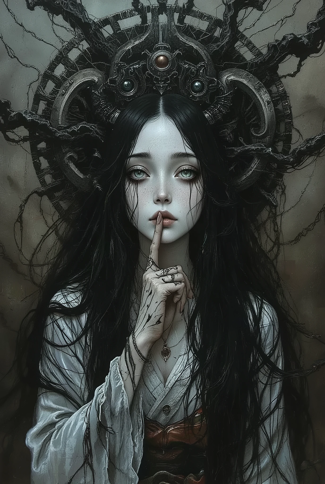 half beautiful face,half decay zombie face,grief,sadness,solitude,very messy long hair,,japanese woman,black hair,sadako,japanese horror,ghost,beautiful and scary,Look up from below,cursed,oiran,japanese old well,in old japanese,dramatic,horror,nihonga,Depressive Black,shigerusudo illustration,