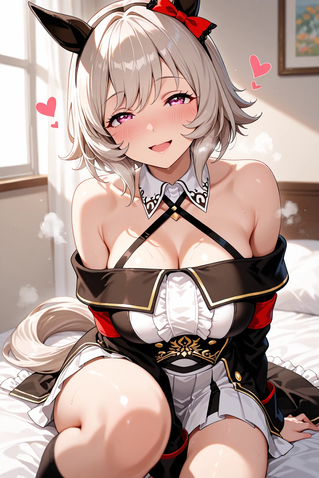 best quality, masterpiece, highres, solo, {kama_fgo:1.15}, red_eyes, bangs, ribbon, hair_ribbon, jewelry, earrings, , white_hair, blush, smile, short_hair, long_hair, small_breasts, grey_hair, large_breasts
