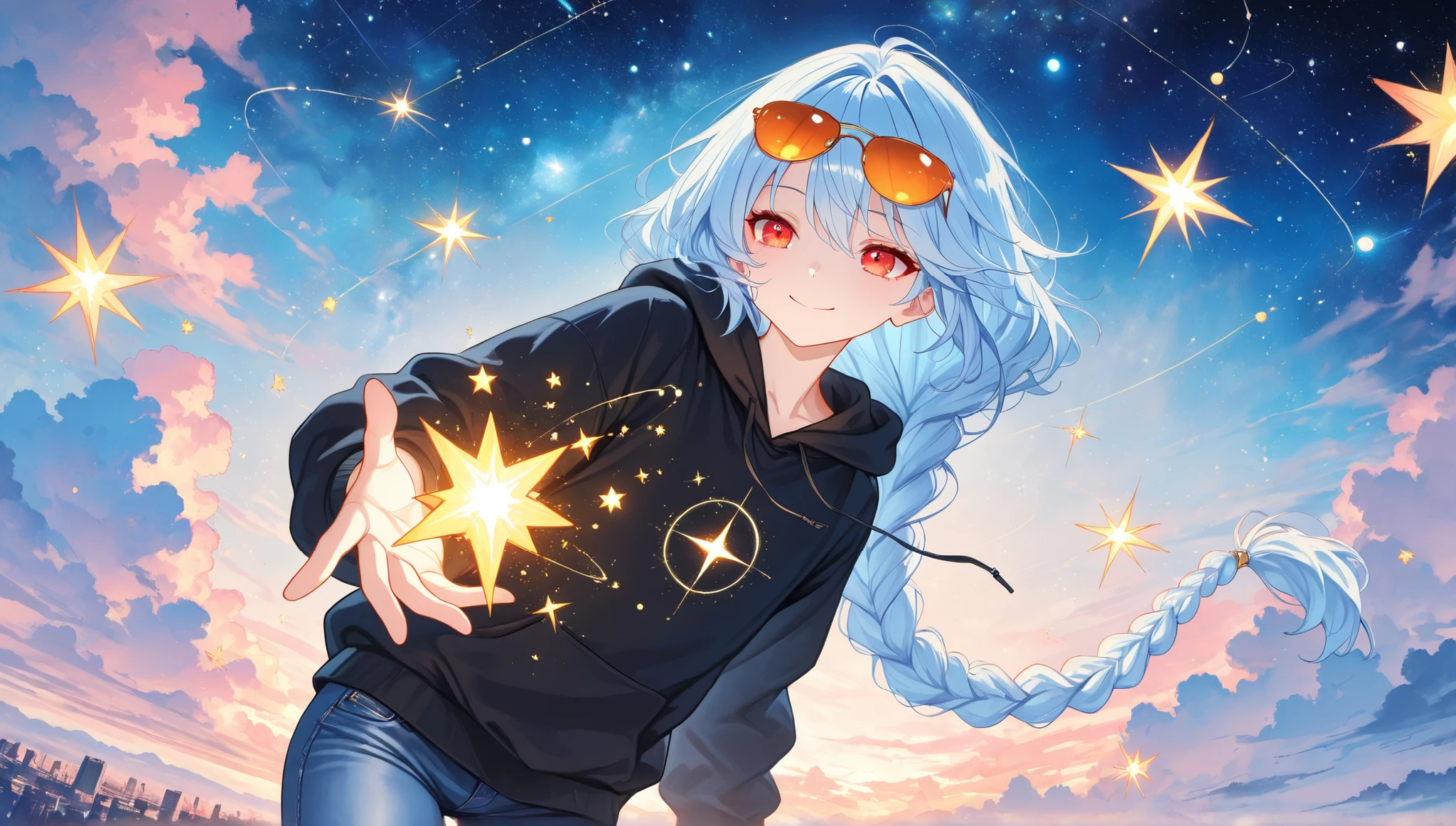 Masterpiece, highest quality, cowboy shot, kawaii anime, soft light, creative scenery panorama, pastel art, watercolor, anime background, ultra aesthetic composition, 1 boy, very long single braid pale blue hair, red eyes, black hoodie, jeans, smile, flat chest, broad shoulders, slim but masculine body, male focus, he is lying on top of a big, fluffy star. The star floats lazily in a serene, midnight-blue sky dotted with constellations and moons. He looks content, reaching out to catch a falling star, holding orange sunglasses in his hand,