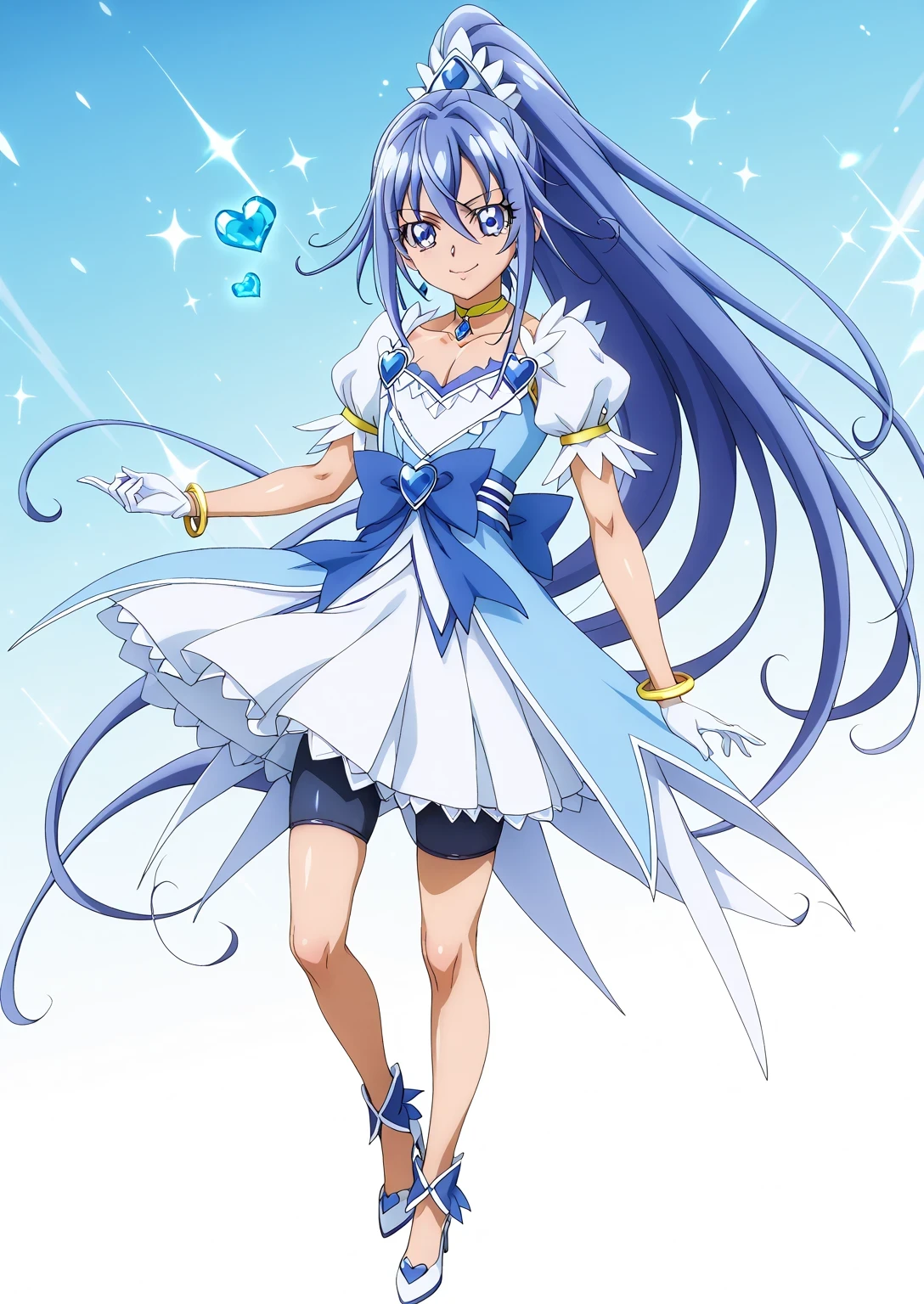 score 9 、score 8 up、score 7 up、source anime、傑作、Best quality、Best resolution、Best image quality、anime coloring、anime screencap、anime screenshot、official style、official art、1boy、cure diamond is a boy、(manly face:1.6)、blue haired male character is wearing a blue dress、high long ponytail hair、dia shape hair ornament、solo、portrait of magical boy、boy is wearing a white and blue dress、portrait of a solo、long legs、heavenly aura、the blue ice aura、white and blue skirt、mini skirt、high cut skirt、yellow neckwear、heart brooch、yellow choker、collarbone、white puffy sleeves、Symmetrical puffy sleeves、white gloves、yellow bracelet、blue waist bow、bare thighs、bare legs、white high heels、Symphogear art style、long blue haired boy、sapphire prince、official anime art style、style of magical boy、masculinization、cure diamond outfit、magical boy、official anime artwork、official anime style、Best resolution、perfect outfit、sparkling magical boy、(manly:1.6)、sparking blue eyes、perfect body、trapezius、perfect hands、perfect arms、perfect perfect legs、arm muscles、thigh muscles、semitendinosus muscles、hamstrings、adductor magnus muscles、male focus、looking at viewer、solo focus、cowboy shot、(male body:1.6)、blue background、blue bike shorts、short bike shorts、basic design bike shorts、tight bike shorts、blue bike shorts under the white and blue mini skirt、detailed outfit、I can see blue bike shorts、showing blue bike shorts、skirt lift、