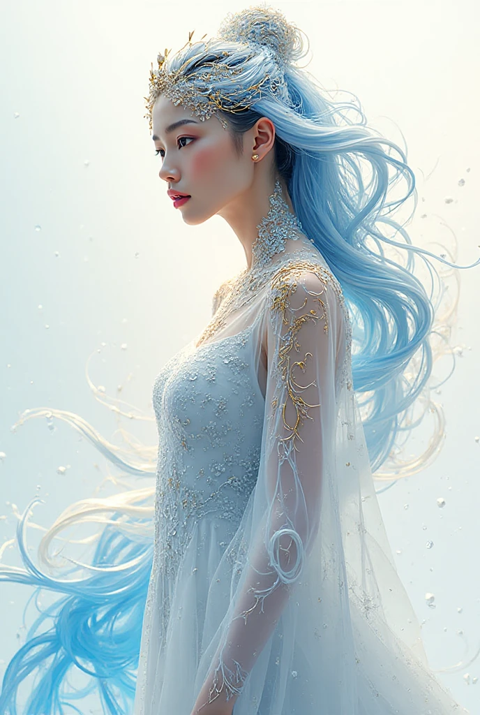 (masterpiece), (Highest quality), (Super detailed),(Disheveled Hair),(figure), (One person), (Fashionable clothes), Chubby, Fashion Model, View your viewers, (interview), (Simple Background),Beautiful attention to detail, Delicate and beautiful face, floating,(High saturation),(Colorful splashes),Colorful Bubbles,(The Shining), Focus on the face,  ponytail, kamisato ayaka, Light blue hair, bangs, Hair Ring, Floating Flowers, Floating hair, (The Shining), Best lighting, Best Shadow,