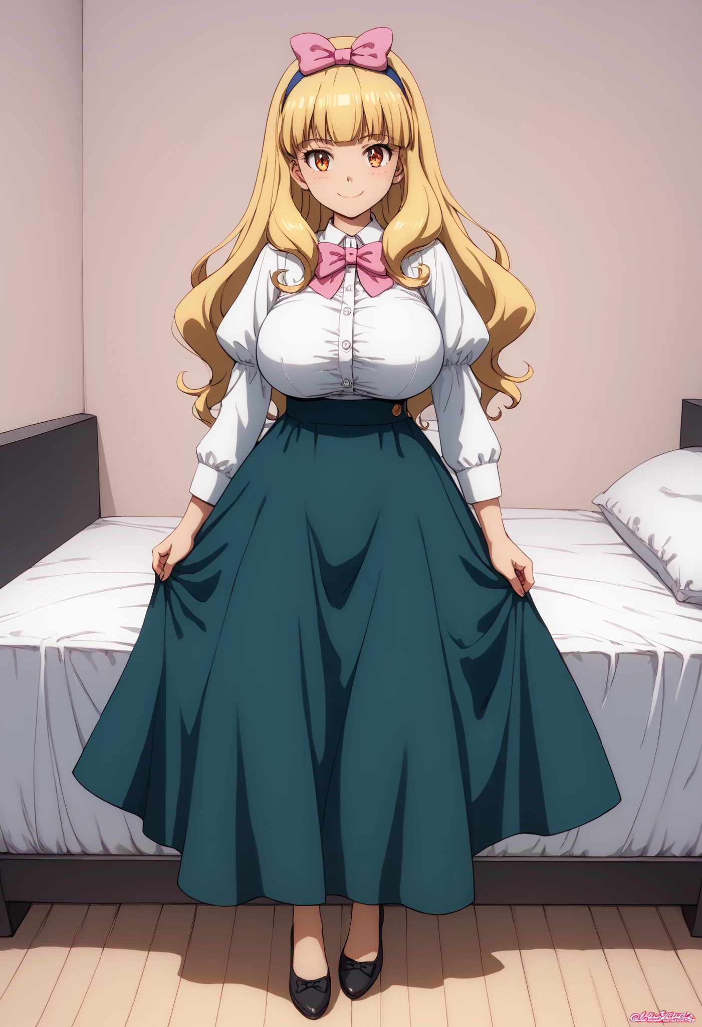 excellent quality ++ Extremely detailed high resolutionolution, very beautiful, Impressive Eyes, (((perfect face))), (((Symmetrical face))), ((((good anatomy)))), (((8k))), 超high resolution, HD wallpaper, (((high quality details, (((((1girl)))))), only, Obra Maestra, Highest Quality, high resolution, highly detailed, ((((illustration)))), beautiful detailed eyes, (((Combatant))), ((((Full Body)))), (((Ashley Ketchum))), (((wake up))), (((running, Get out of bed))), (((huge breasts))), (((Blonde))), (((long hair))), (((茶colorの目))), (((Dark Blue Hairband))), ((((pink ribbon)))), (((( simple white long sleeve dress shirt、again no buttons on the top)))), (((gray tennis skirt ))), (((black leggings))), ((( black Mary Jane type shoes )))), ((("color" theme))), (((happy))), (((smile))), (((bedroom))), (((cute))), (((pink theme))),
