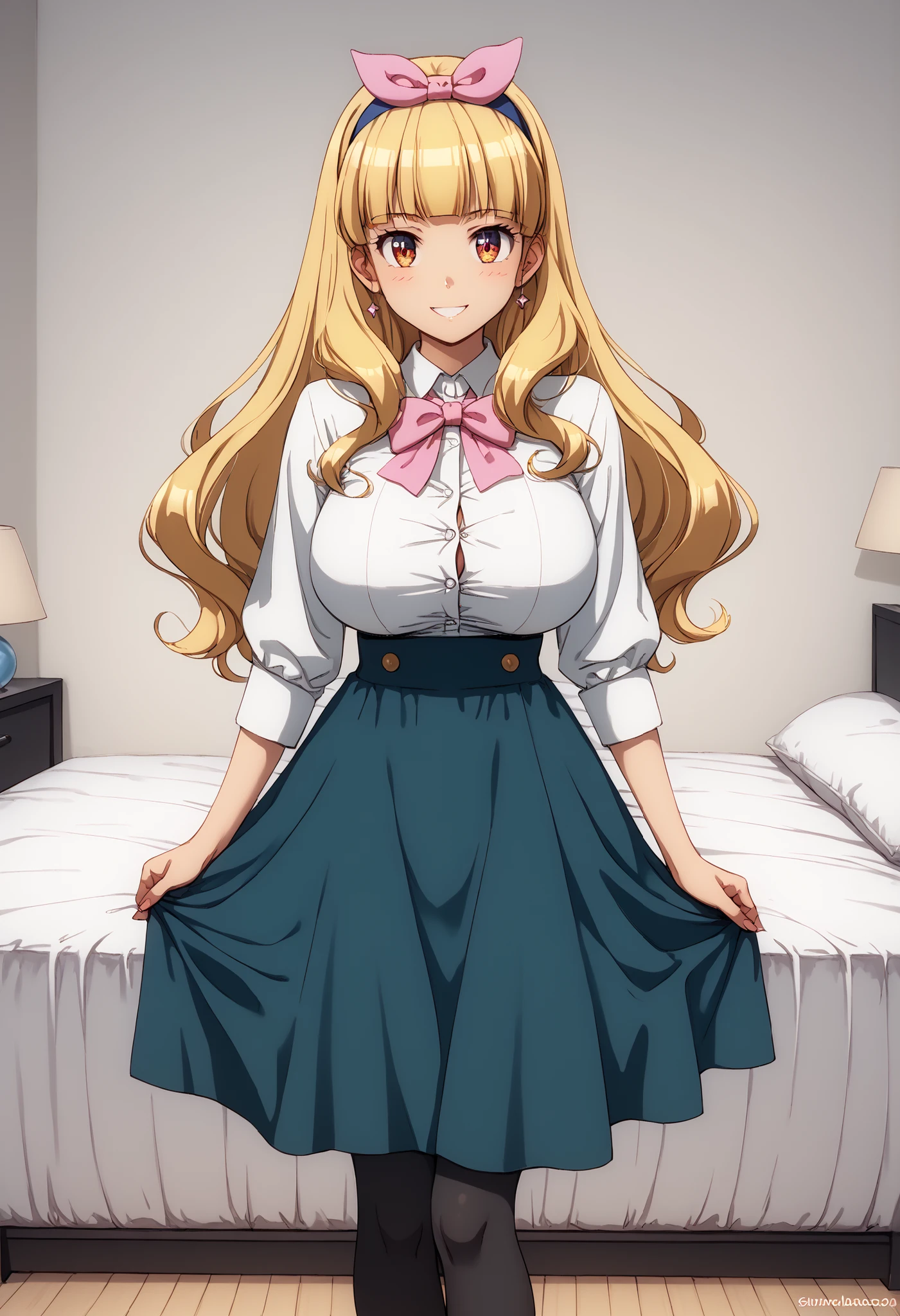 excellent quality ++ Extremely detailed high resolutionolution, very beautiful, Impressive Eyes, (((perfect face))), (((Symmetrical face))), ((((good anatomy)))), (((8k))), 超high resolution, HD wallpaper, (((high quality details, (((((1girl)))))), only, Obra Maestra, Highest Quality, high resolution, highly detailed, ((((illustration)))), beautiful detailed eyes, (((Combatant))), ((((Full Body)))), (((Ashley Ketchum))), (((wake up))), (((running, Get out of bed))), (((huge breasts))), (((Blonde))), (((long hair))), (((茶colorの目))), (((Dark Blue Hairband))), ((((pink ribbon)))), (((( simple white long sleeve dress shirt、again no buttons on the top)))), (((gray tennis skirt ))), (((black leggings))), ((( black Mary Jane type shoes )))), ((("color" theme))), (((happy))), (((smile))), (((bedroom))), (((cute))), (((pink theme))),
