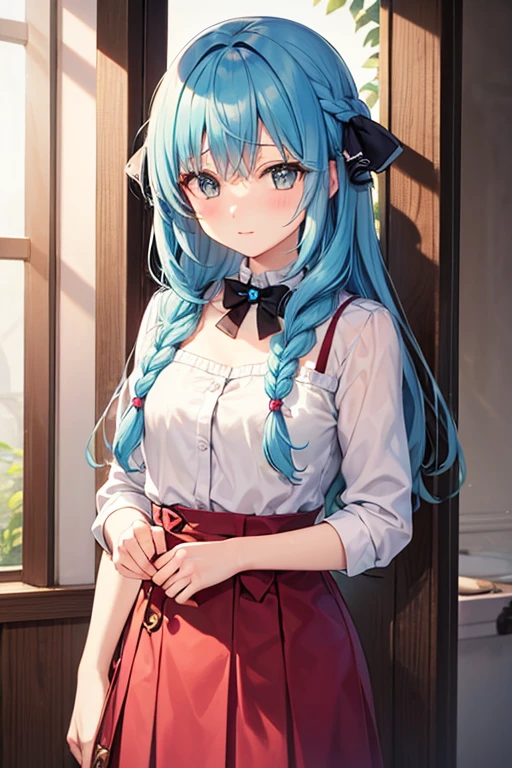小さなgirl、The arrival of spring、thick thighs、thick thighs、 big 、(alone:1.5,)Super detailed,bright colors, very beautiful detailed anime face and eyes, look straight, ;d, shiny_skin,girl, ((rainbow colored hair、long hair）） 、forehead is .、green eyes、、shiny hair, delicate beautiful face, blush、(turquoise eyes), White skin, Valletta, earrings,、blue flower field、(((Floral pink、、blouse、Blue tight skirt)))、twin tails、smile、happy face、face dyed red