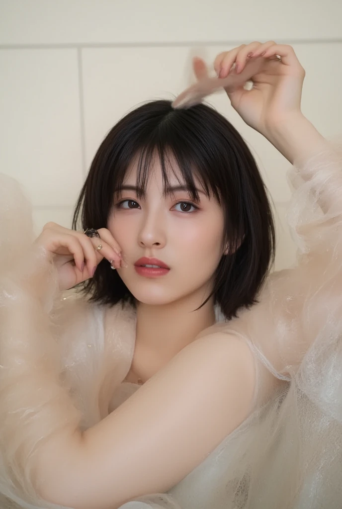 (8k, RAW Photos, Highest quality, masterpiece: 1.2), Very detailedな, Super Resolution, (Genuine, Genuine photos: 1.37), High-resolution RAW color photos, Professional photos, とても細かくて美Shii, Very detailed, 8k wallpapers, Amazing details, Large file size, Official Art, Very detailed CG Unity 8k wallpapers, Very detailed beautiful girls, Very detailed faces, Very detailed目, Very detailed肌, Very elaborate fingers, Very detailed鼻, Very sophisticated mouth, Perfect , Detailed Background, Detailed clothing, One Girl, (20:1.2), 20th Generation, cute Girl, Realistic body, , White skin, Glowing Skin, the body is slim, Black Hair, short hair, (Blunt bangs: 1.2), cute, like々Shii, かわいらShii顔, Realistic Face, Delicate eyes, Sale Eyes, ( (Stylish white dress)), ((Excellent)) Earrings, Looking into the camera, positive, Standing position, traitor, Dynamic Lighting, C cup breasts,close, Dutch Angle, 